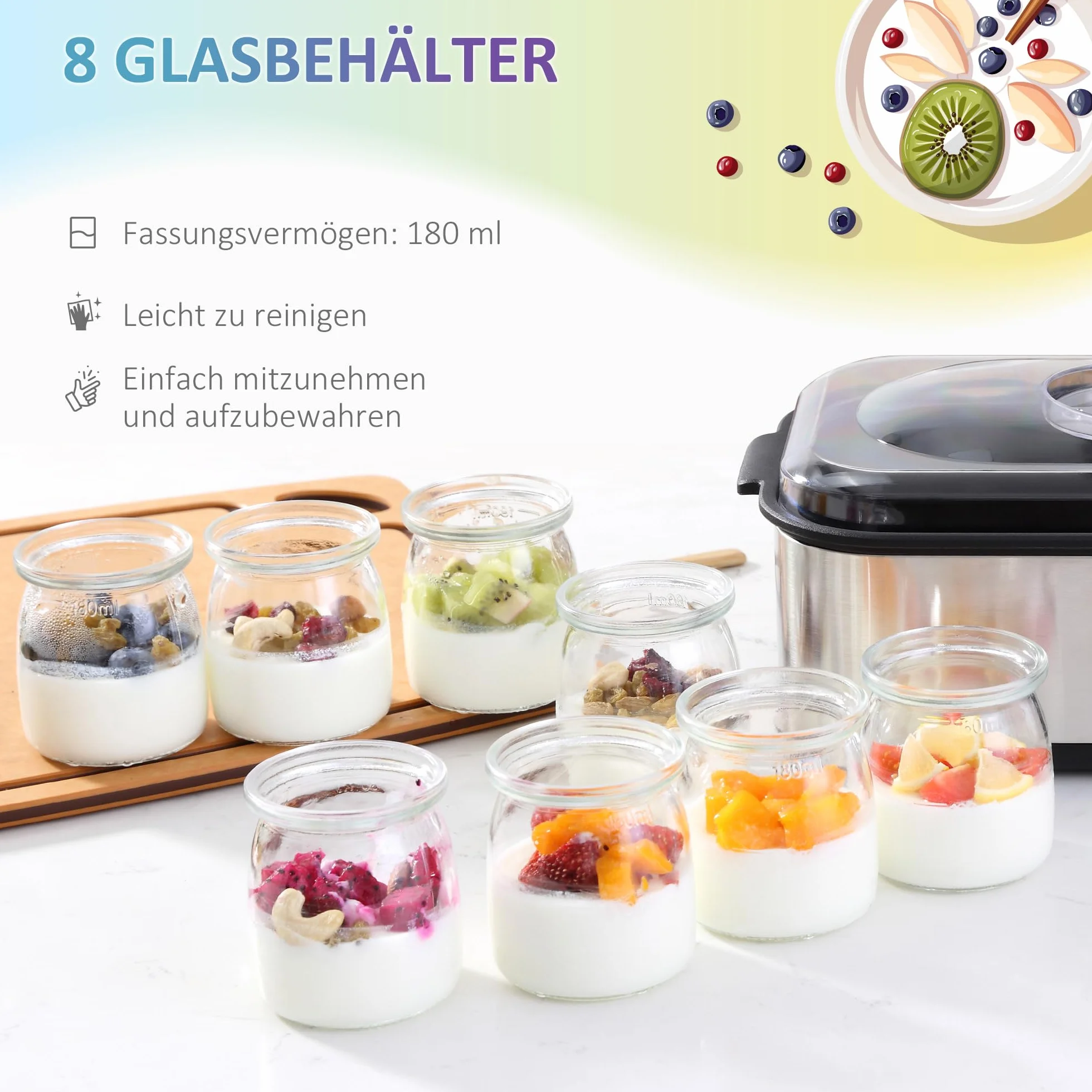 HOMCOM Jogurtownica Cyfrowa 8 Słoików 180 ml Stal Nierdzewna Szkło Srebrna 36x18,8x14 cm