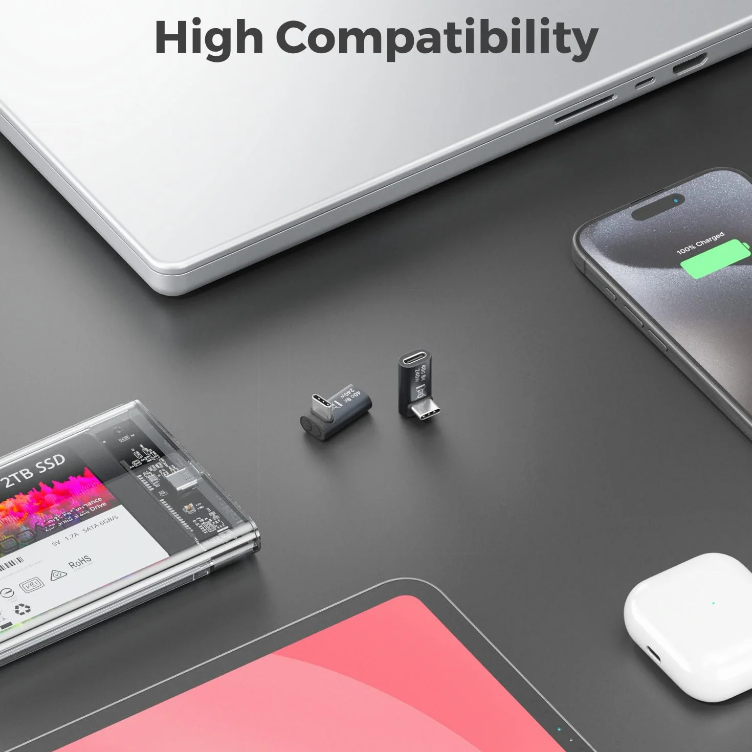 deleyCON Adapter USB-C Kątowy 90° (2 Szt.) - 40 Gbps, 240 W, 8K60Hz, USB 4.0, Aluminiowa Obudowa, Wtyk C do Gniazda C - do Smartfona, Tabletu, Laptopa, MacBooka, PS5 itp.