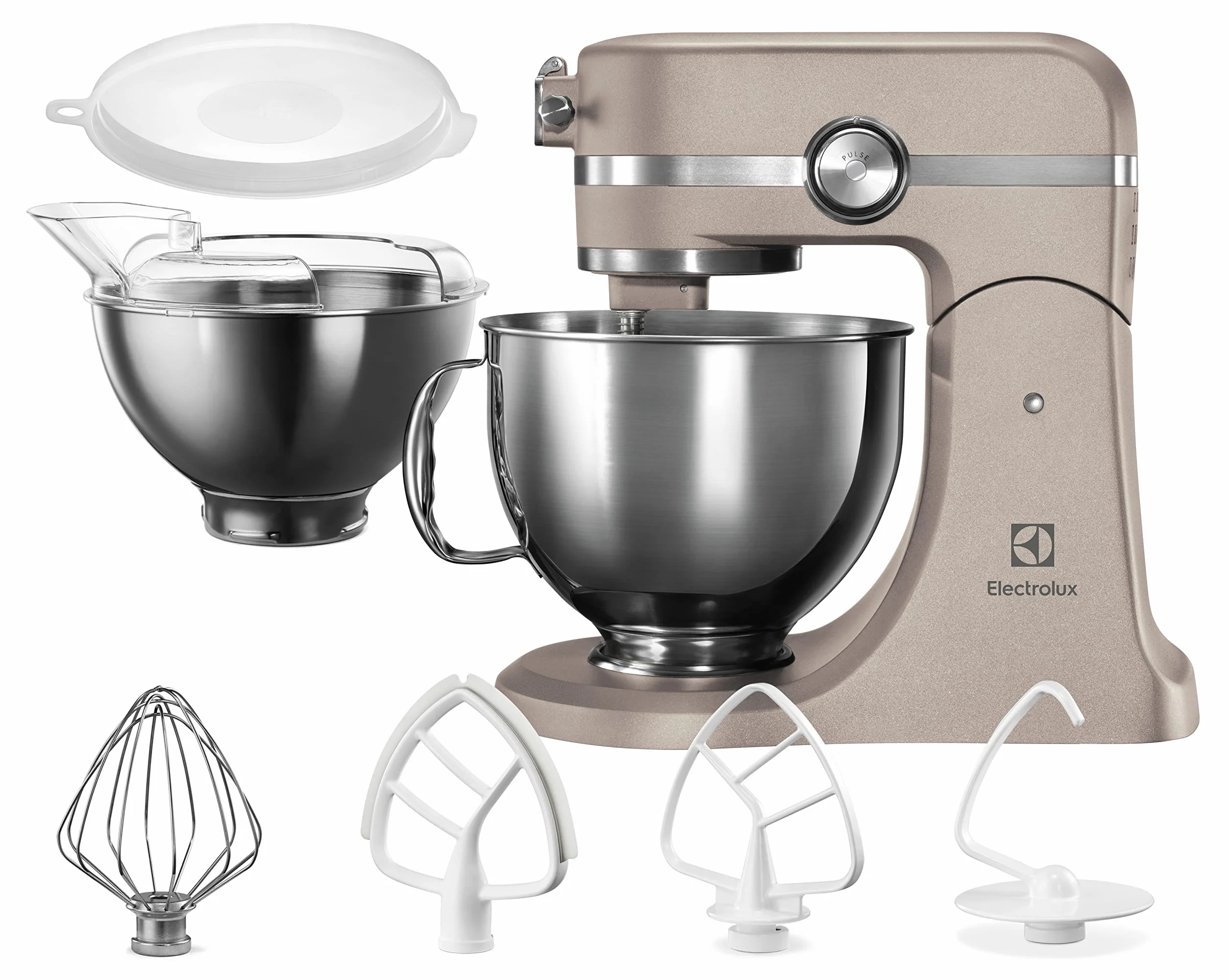 Electrolux Robot Kuchenny 1200 W, 10 prędkości + f. pulsacyjna, Oświetlenie LED misy, 2 misy o pojemności 4,8l i 2,9l, W Zestawie: Hak, Trzepaczka, Ubijaczka, Silikonowa Łyżka, Pokrywa, EKM5570,Beżowy