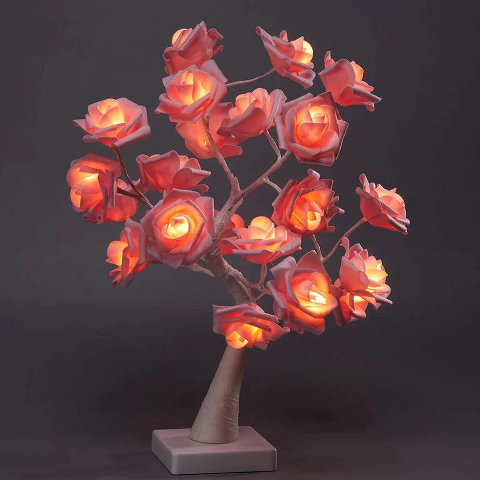 Lampa na biurko róża bonsai drzewo lampa zasilana bateriami dekoracyjne światło 24 LED sztuczny kwiat bonsai lampki choinkowe, na Dzień Matki, Boże Narodzenie,