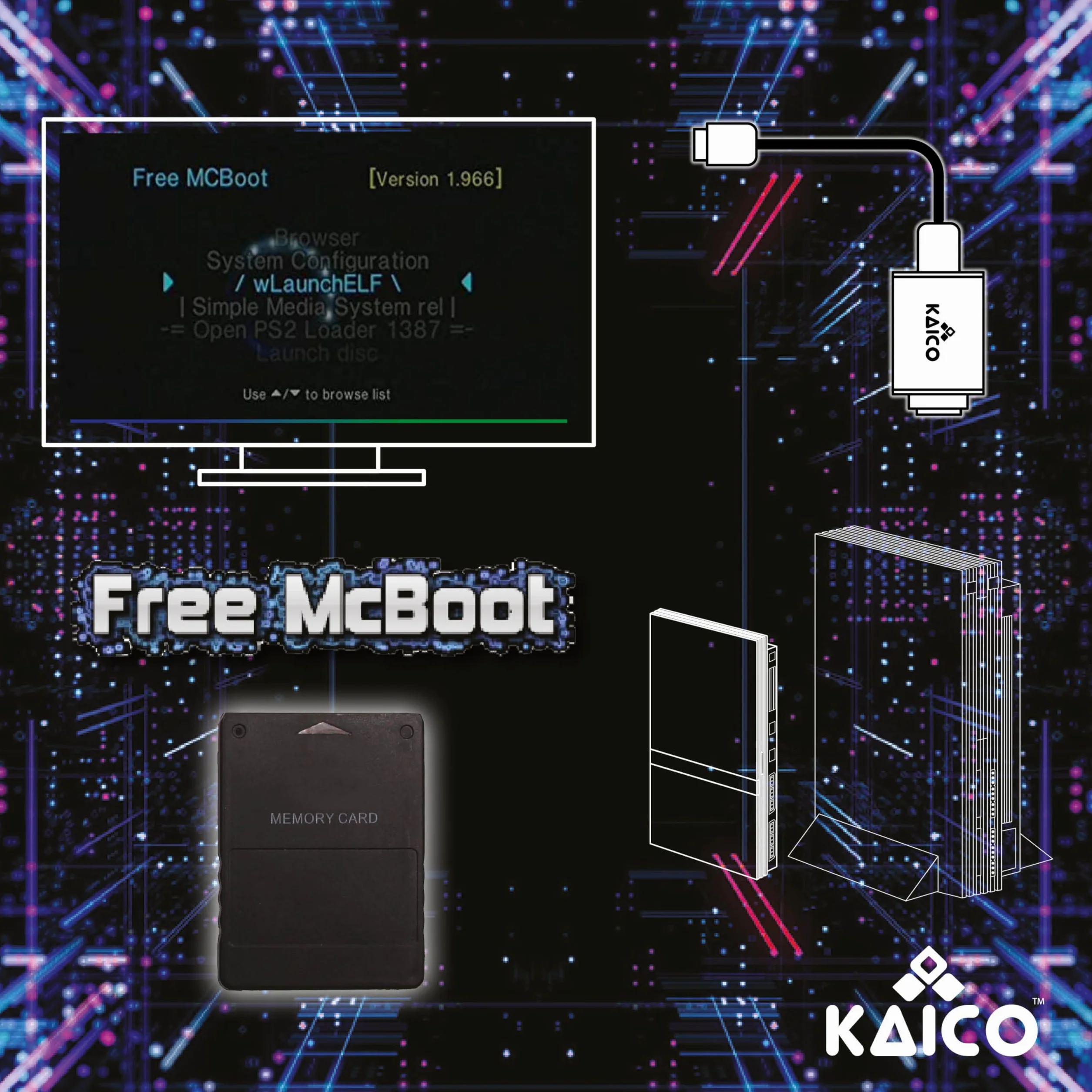 Kaico Free McBoot 8MB karta pamięci PS2 – FMCB 1.966 dla konsoli PS2 – Free McBoot PS2 Plug & Play – karta pamięci PS2 z rozwiązaniem softmod
