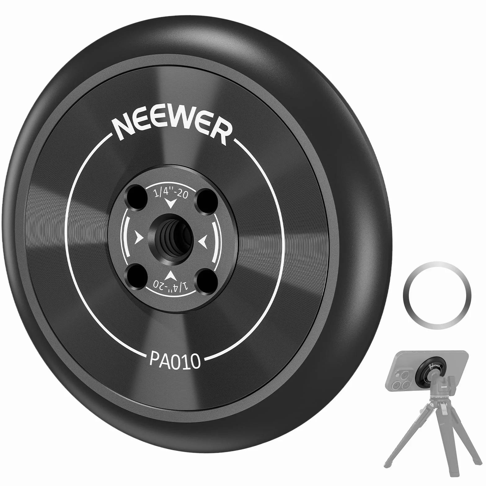NEEWER Magnetyczny uchwyt na statyw do telefonu komórkowego, adapter z samoprzylepnym pierścieniem magnetycznym, kompatybilny z MagSafe iPhone 15 Pro Max 15 Plus 14 13 12, gwint 1/4" do filmów, kijek