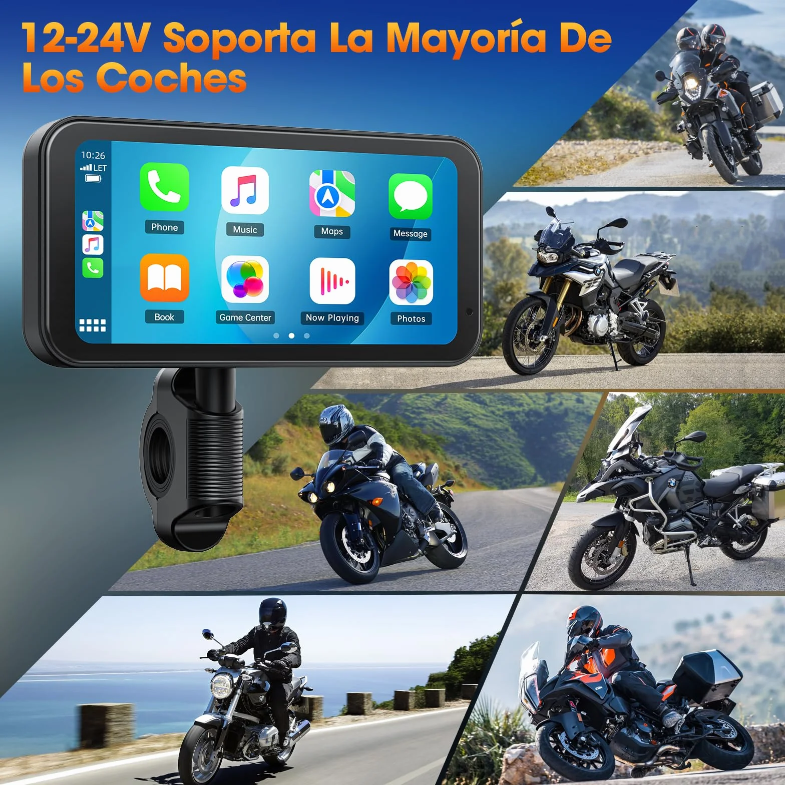Volam Motocyklowy ekran Carplay z designerskim uchwytem do motocykli, bezprzewodowy CarPlay i Android Auto, przenośny ekran dotykowy 6,25", obsługuje nawigację/asystent głosowy