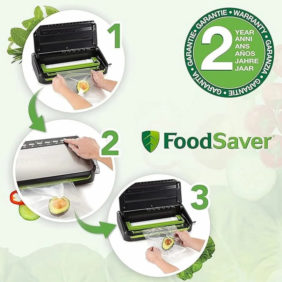 FoodSaver zgrzewarka próżniowa ze zintegrowanym schowkiem na rolkę, pakowarka próżniowa z gilotyną do worków i funkcją pulsacyjną do delikatnych produktów, FFS005X