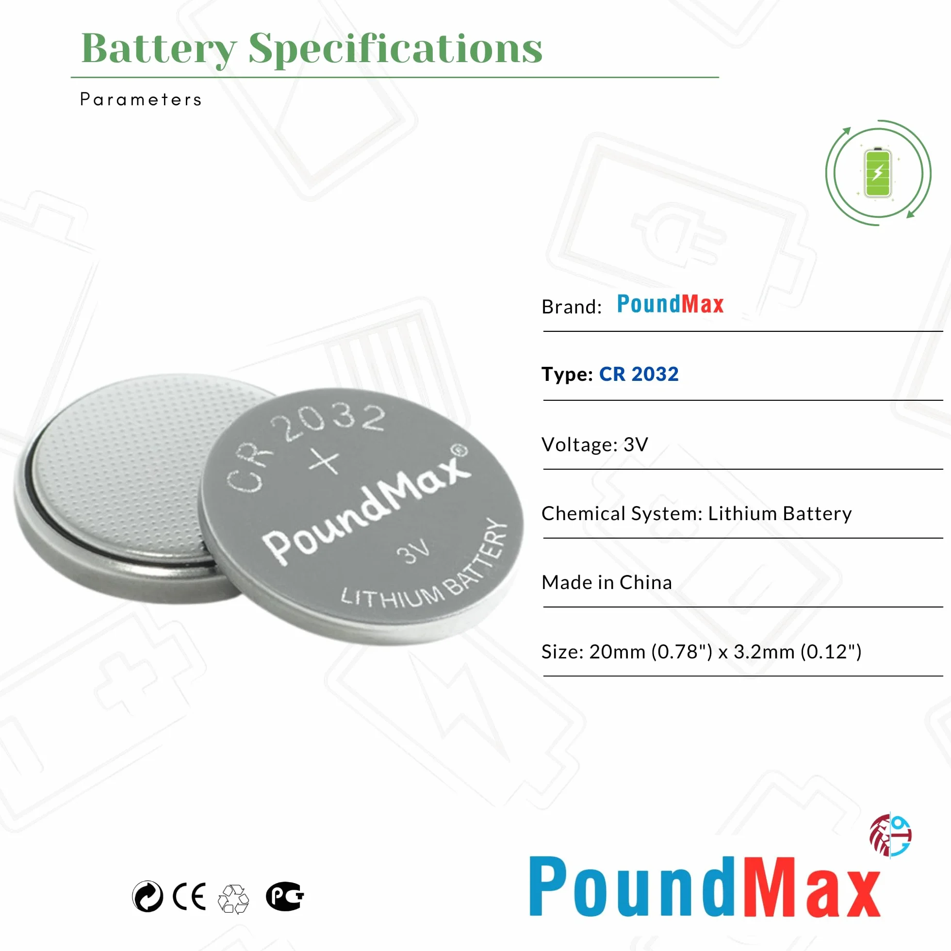 20 x PoundMax 2032 CR2032 DL2032 ECR2032 3V baterie litowe
