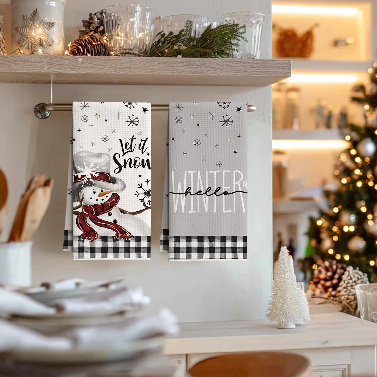 Artoid Mode Czarno-biała karo bawola, bałwan, drzewa, Boże Narodzenie, ręczniki kuchenne, ściereczki do naczyń, 42 x 65 cm, z mikrofibry, chłonne, do kuchni, dekoracja, zestaw 4 sztuk