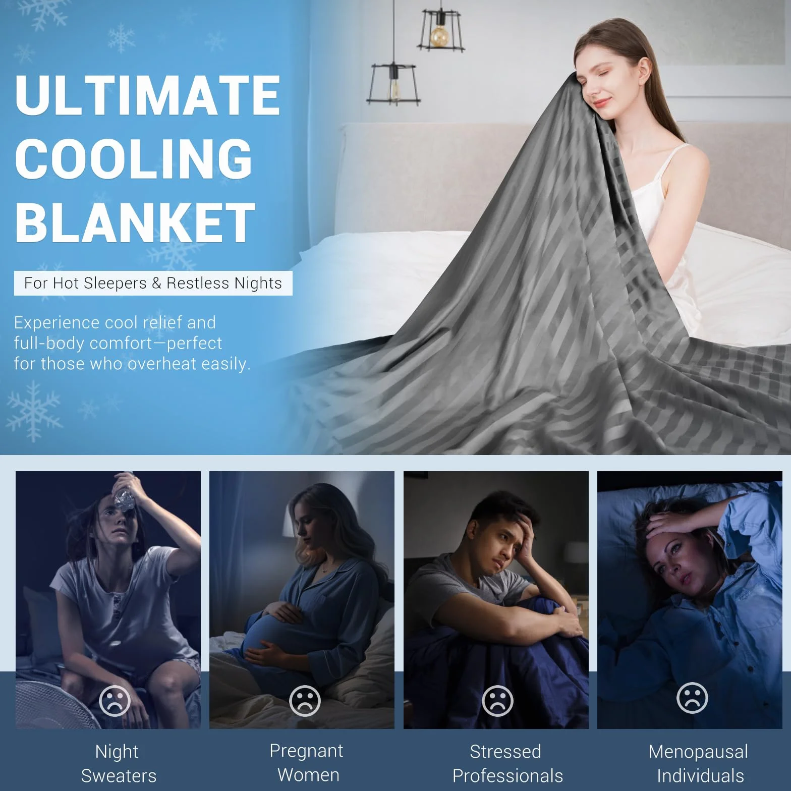 Koc chłodzący Elegear 150x200 cm na nocne poty, Q-Max>0.5, letni koc z włókna Arc-Chill 3.0 dla osób gorąco śpiących. Oddychający, lekki, rozmiar Podwójne/Królewskie, niebieski w paski