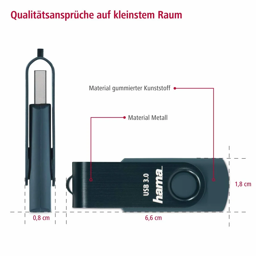 Hama pendrive dysk USB A 3.0 (64 GB, 64GB, pamięć flash, 70 MB/s, metalowy, przenośny, zewnętrzny) niebieski