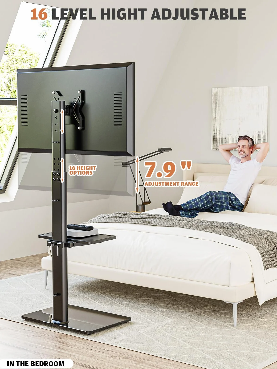 HT2001BP uniwersalny stojak podłogowy na telewizor LCD LED od 19 do 43 cali, 2 półki, czarny