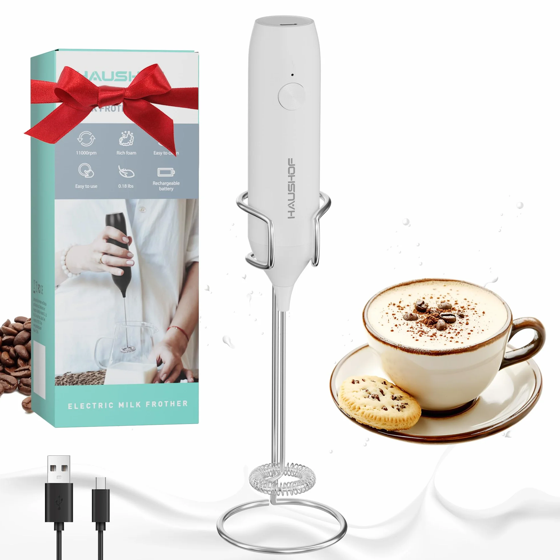 HAUSHOF Elektryczny spieniacz do mleka, przenośny spieniacz do mleka z uchwytem do ładowania przez USB, do kawy, latte, cappuccino, matcha, biały