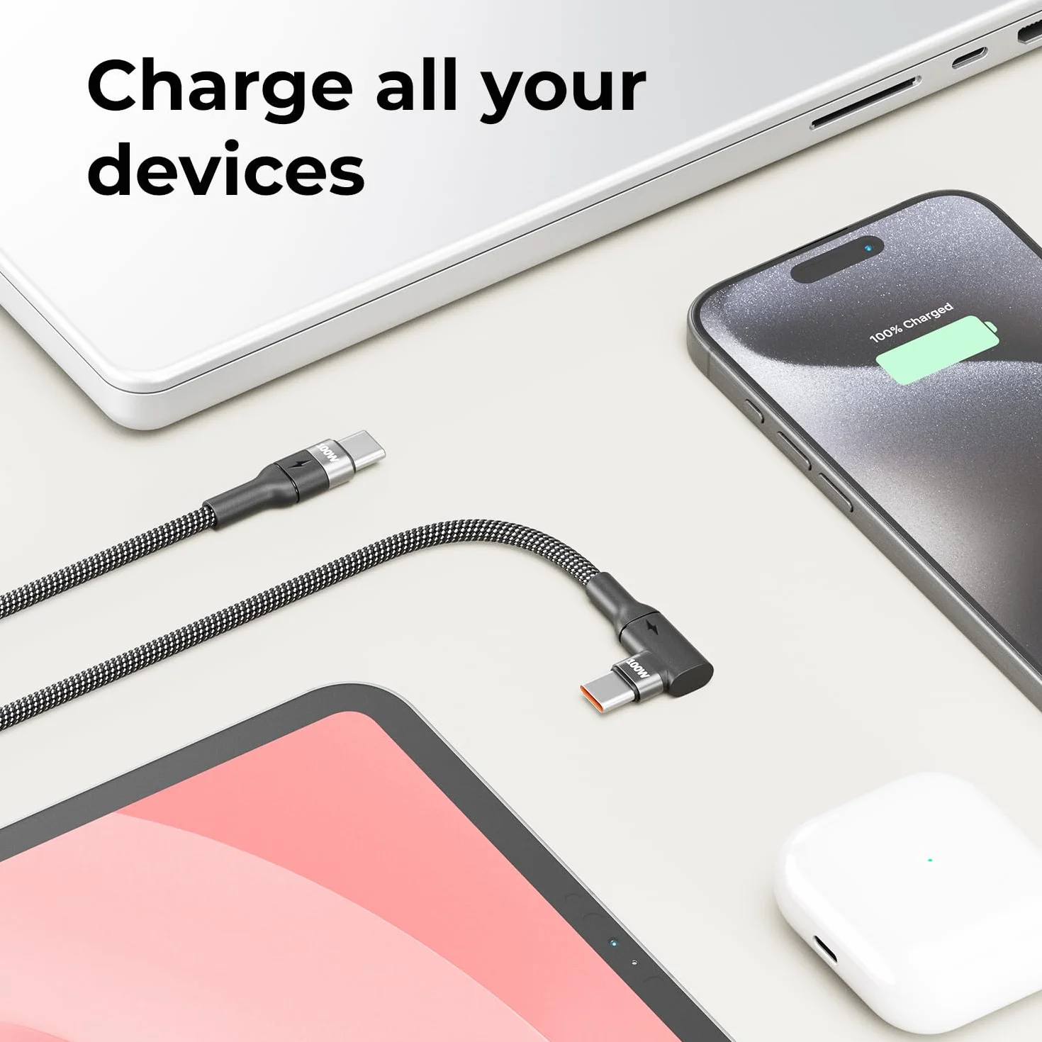 deleyCON 0,15m 100W Kabel USB‑C Krótkie Pod Kątem 90° - C na C - Przewód Kątowy do iPhone 17, 16, 15, Pro, Max, Air, Galaxy A16, A56, S25, S24, S23, Pixel, iPad Pro, MacBook, AirPods, Tablet, PS5