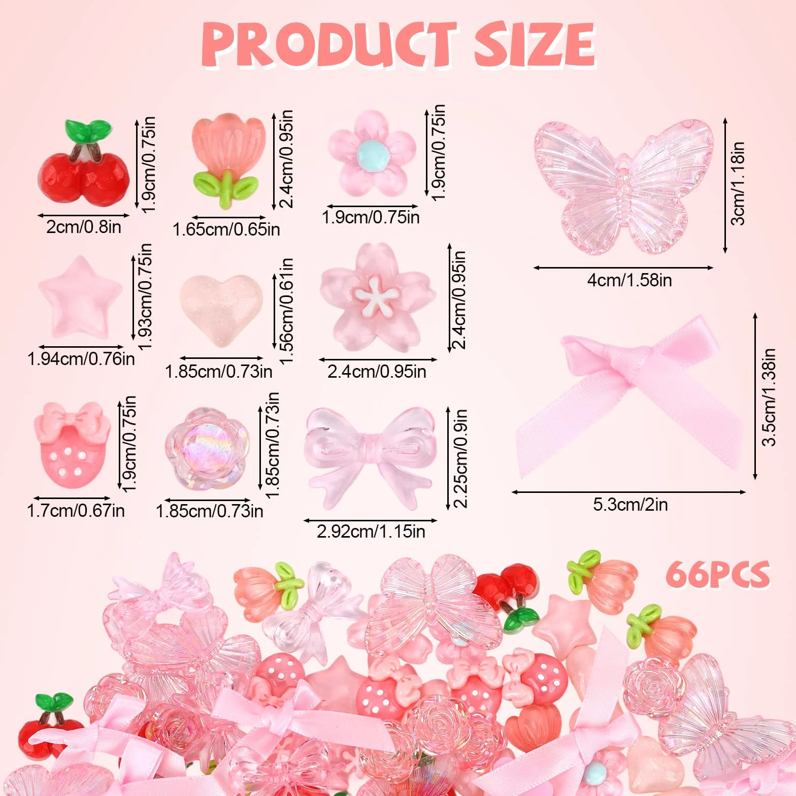 Tinoaly 66szt Różowy Junk Case Charms Kit, Żywiczne Akrylowe Etui na Telefon Wiśniowe Kwiatowe Kokardki Róże i Motylowe Slime Charms do DIY Crafting Scrapbooking i Decoden Decoration