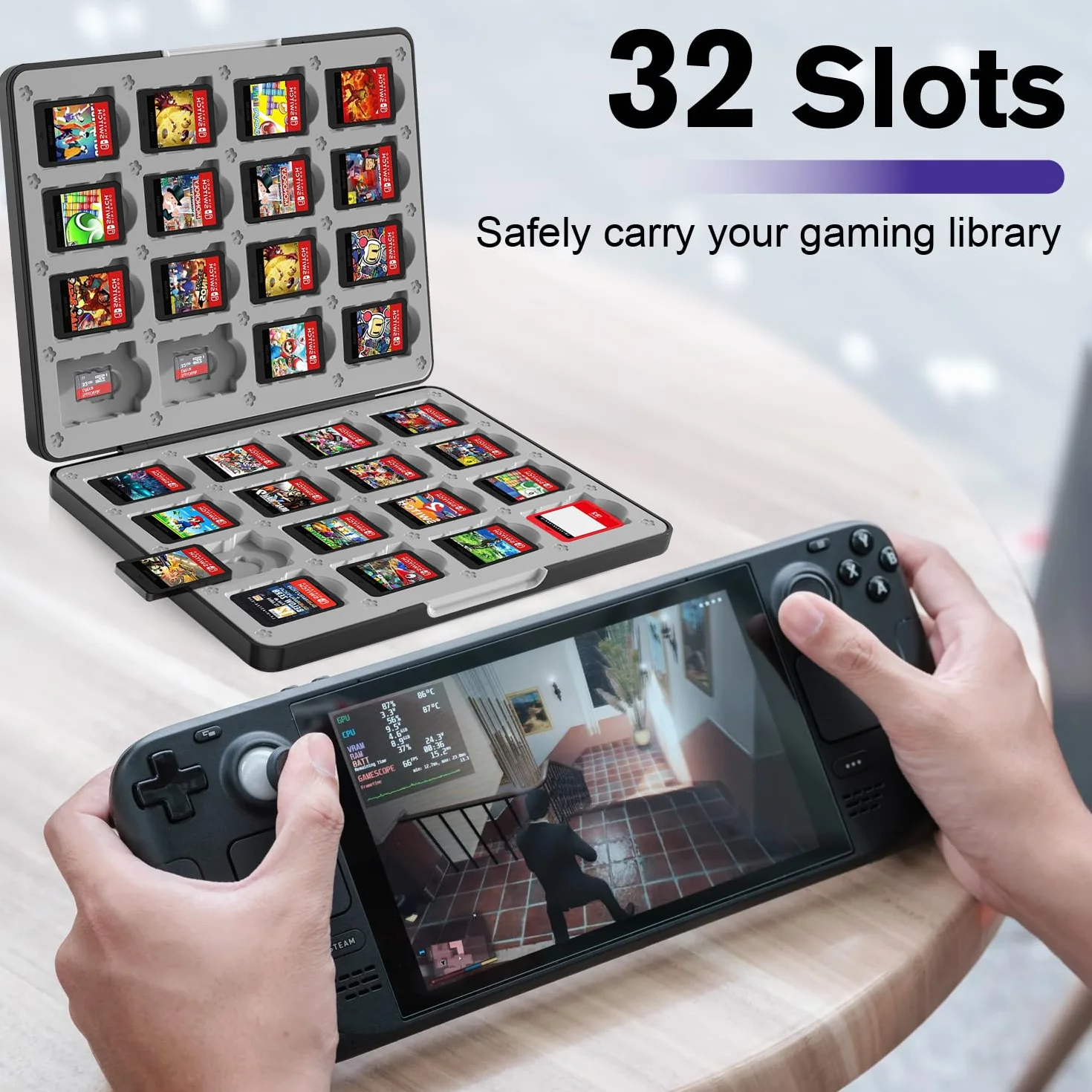 Fosmon Etui na Karty Gry dla Nintendo Switch 2/1 / OLED/Lite, Pojemnik na 32 Kartridże z 32 Slotami na Karty Micro SD, Magnetyczne Zamknięcie, Twarda Obudowa, Wyściółka Silikonowa, Czarny