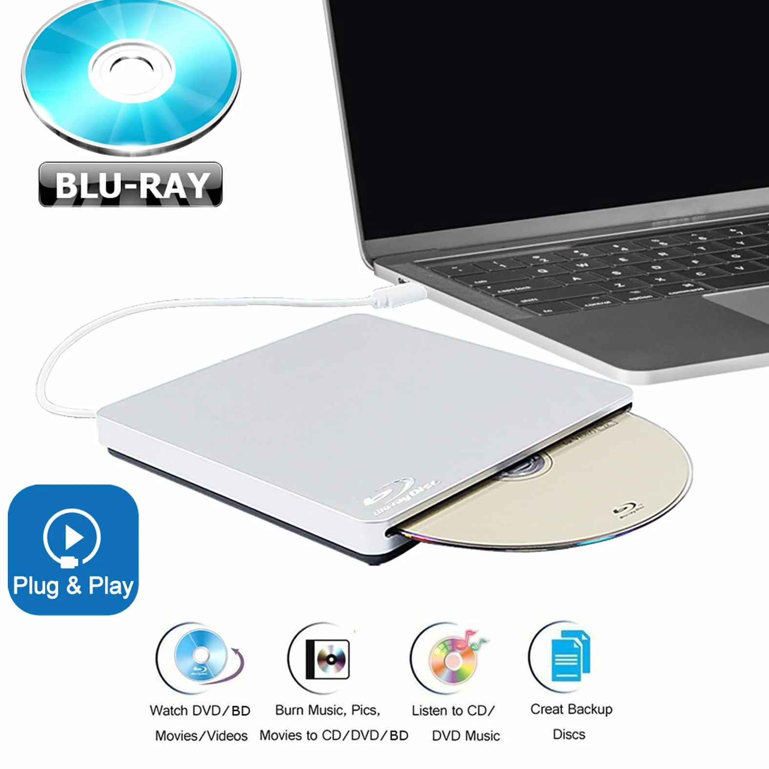Zewnętrzny napęd USB-C USB Superdrive do Mac, odtwarzacza Blu-ray CD DVD BD, do Apple MacBook Air M1 M2 M3 15 13 2020 2018 2017 2022 2019 2024 laptop, 6X BD-RE DL 8X DVD+-RW Writer napęd optyczny