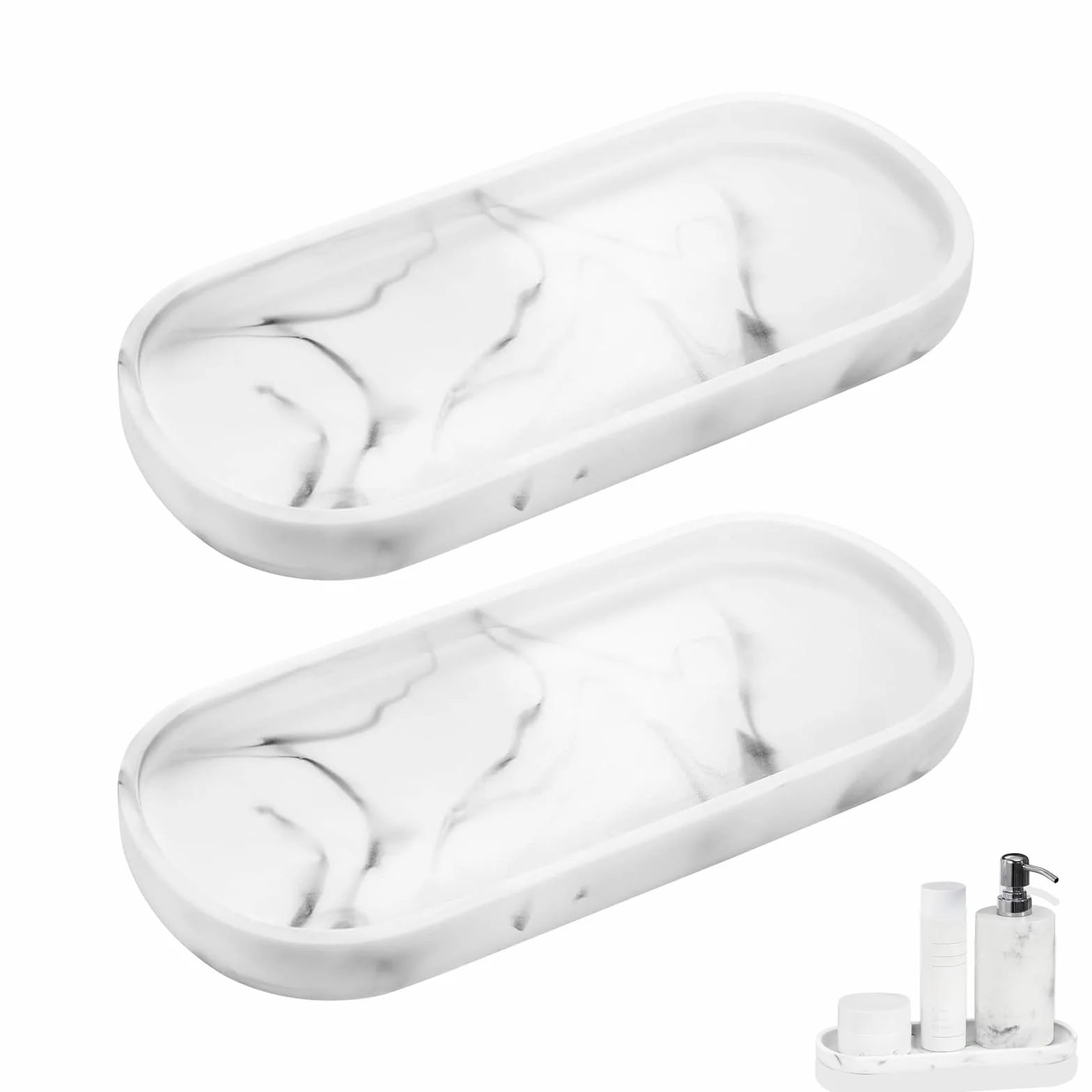 2 sztuki taca łazienkowa, dekoracyjna taca do łazienki, silikonowa taca łazienkowa (biały marmur, 25L*11W*2H cm)