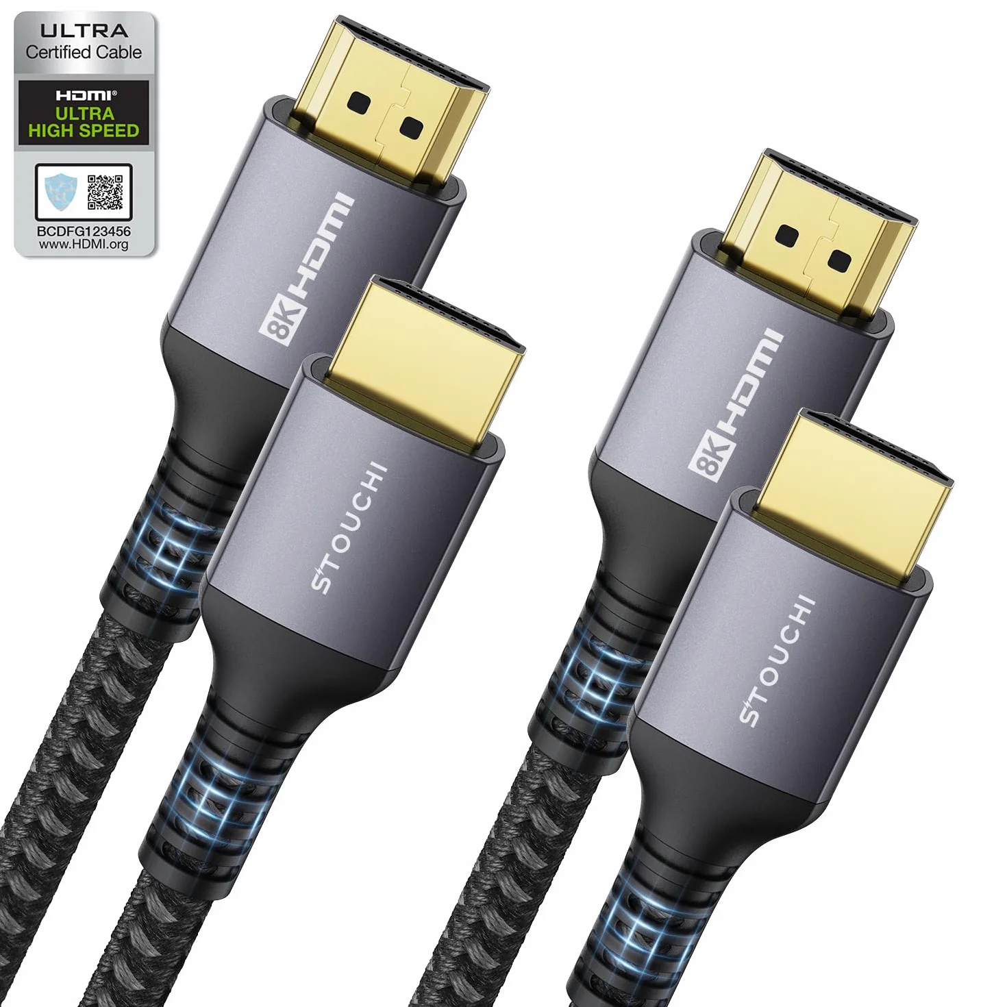 Stouchi Certyfikowany kabel high-speed HDMI 2.1, 3 m, 8K, Ultra HD, 48 Gbp/s, 8K przy 60 Hz, 4K przy 120 Hz/144 Hz, RTX 3080, eARC HDR10, 4: 4: 4, HDCP 2.2 i 2.3 Dolby, kompatybilny z Roku TV/PS5/Xbox Series X, 2 szt.