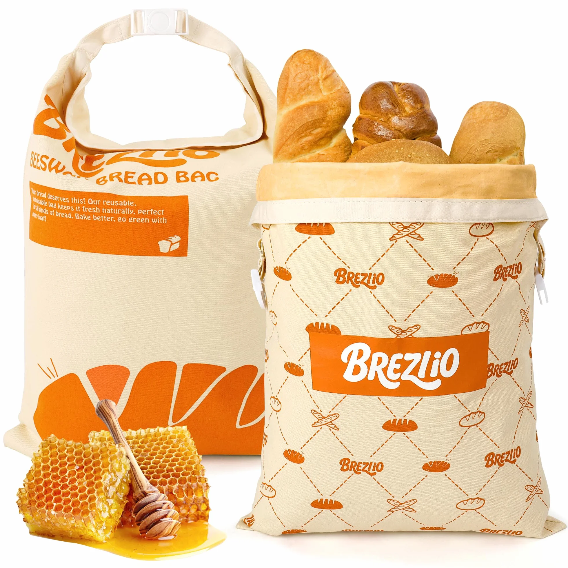 Wosk pszczeli, 2 sztuki – worki bawełniane wielokrotnego użytku, 32 × 43 cm, bardzo duże, do utrzymania świeżości chleba i wypieków (beżowy + pomarańczowy)