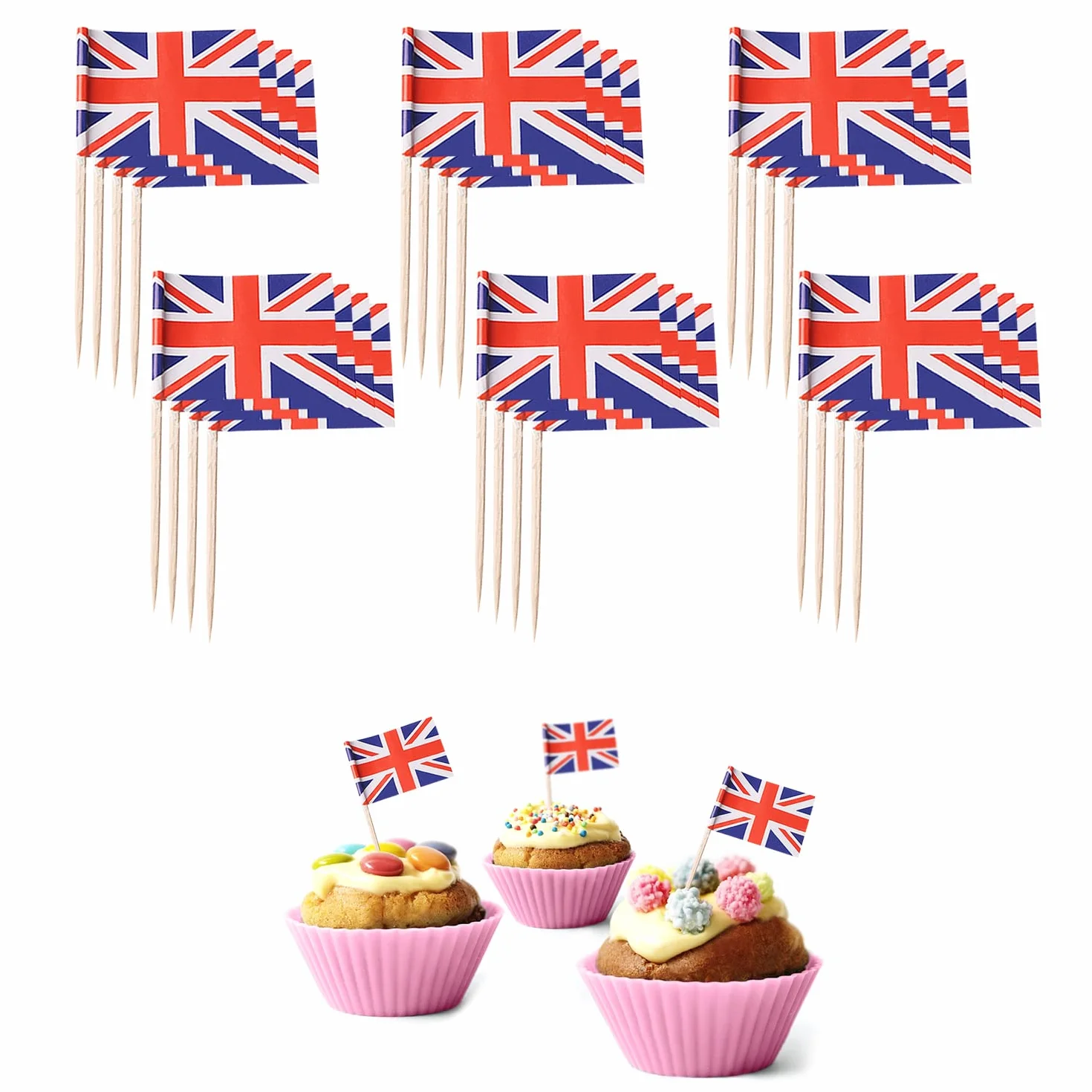 110 szt. wykałaczek Union Jack, artykuły imprezowe, do flag kanapkowych, babeczek, grilla i koktajli, dekoracja na wydarzenia królewskie.