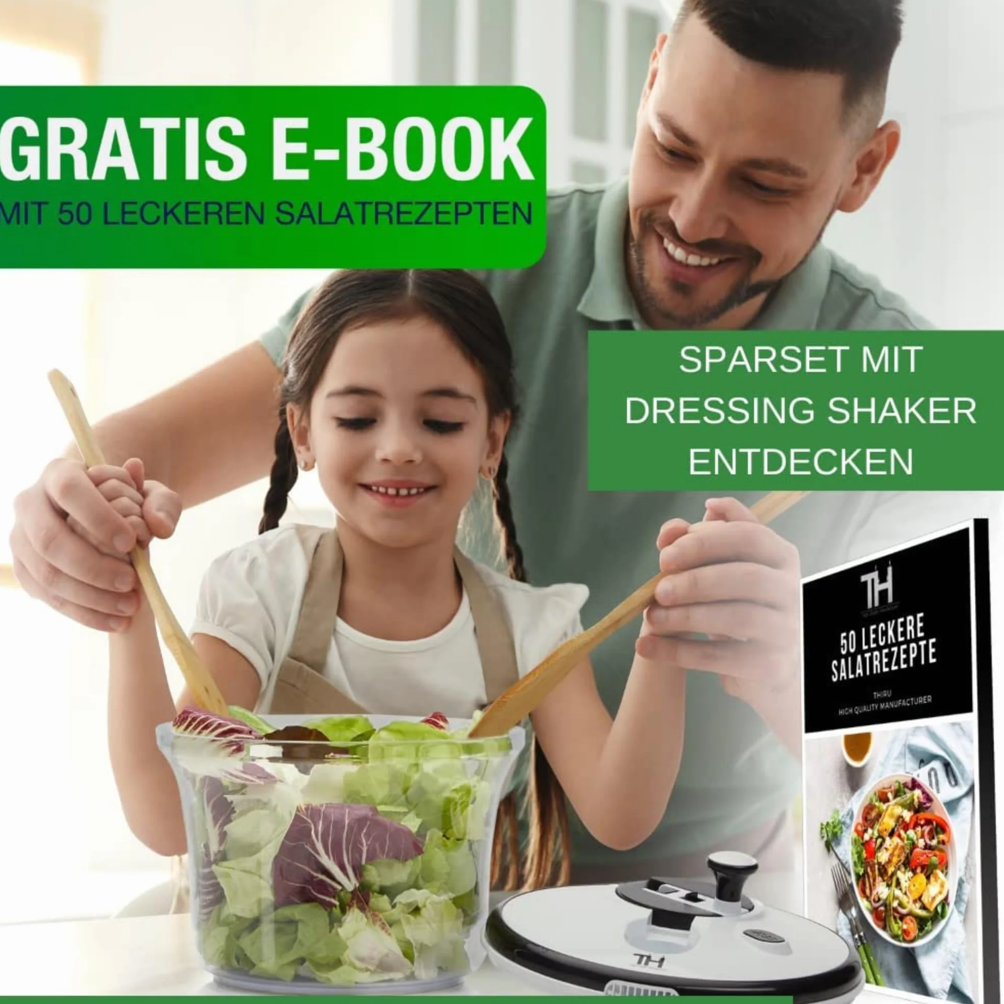 Thiru suszarka do sałaty 5L z shakerem do dressingu - innowacyjna 3D korbka - stabilna suszarka do sałaty duża w zestawie z eBookiem BPA FREE