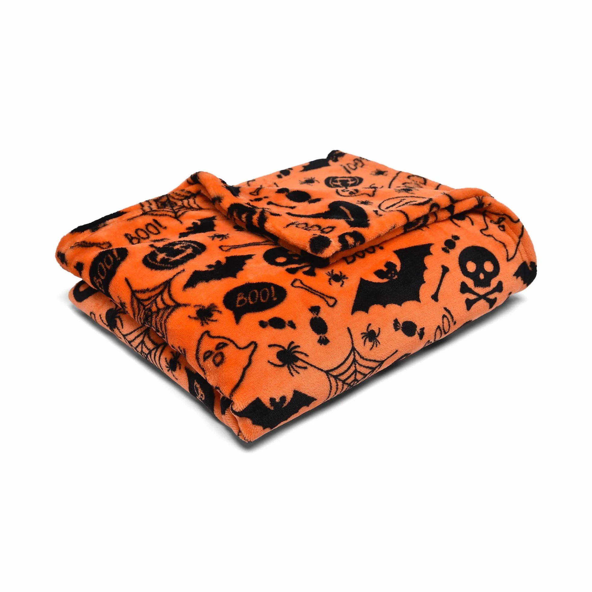 Bedlam Koc polarowy na Halloween (120 x 150 cm) - super miękki i przytulny koc polarowy w kolorze pomarańczowym, upiorne nietoperze i czaszki, koce i narzuty na Halloween (snuggy) - dekoracje na