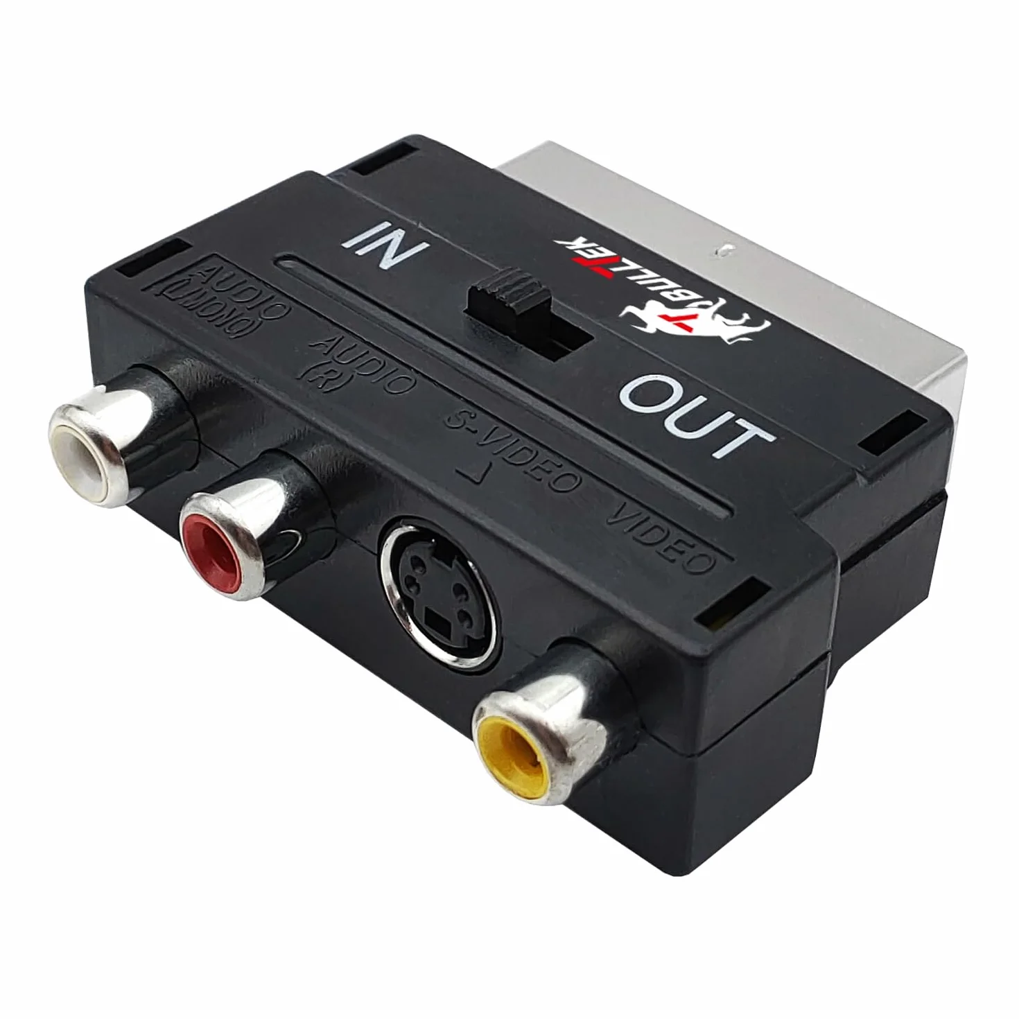 Konwerter SCART na 3 x RCA Jacks | Przełącznik wejścia/wyjścia | Podłączenie konsol, DVD, VHS | Dźwięk mono i stereo | S-VHS SVIDEO, kolor czarny