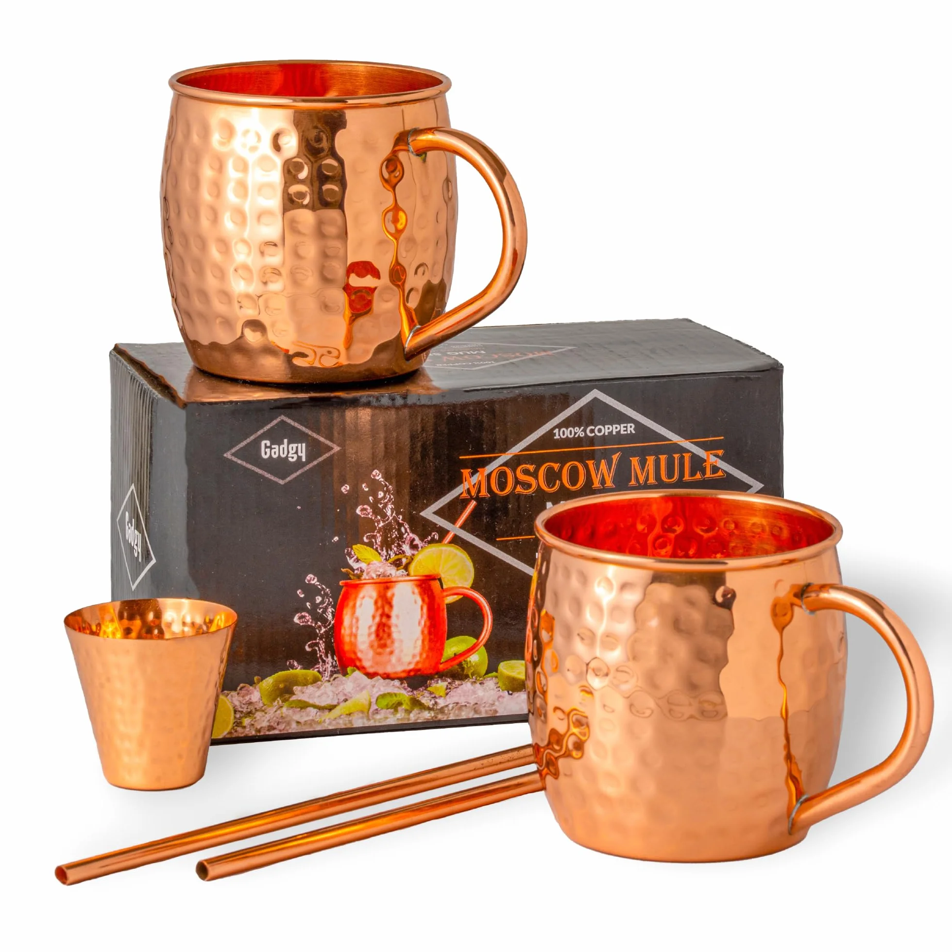 Gadgy Zestaw Szklanek Moscow Mule 4 Kubki Miedź Ręcznie Wykonane Słomki Miarka
