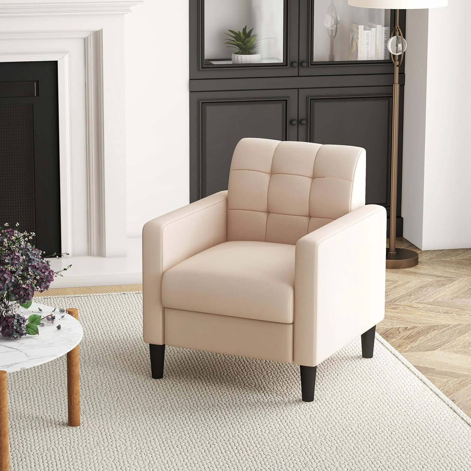 COSTWAY Nowoczesny fotel relaksacyjny, z aksamitu w stylu Mid-Century, tapicerowany fotel z tuftowanym oparciem, podłokietnikami i drewnianymi nogami do salonu, sypialni i biura domowego, beżowy