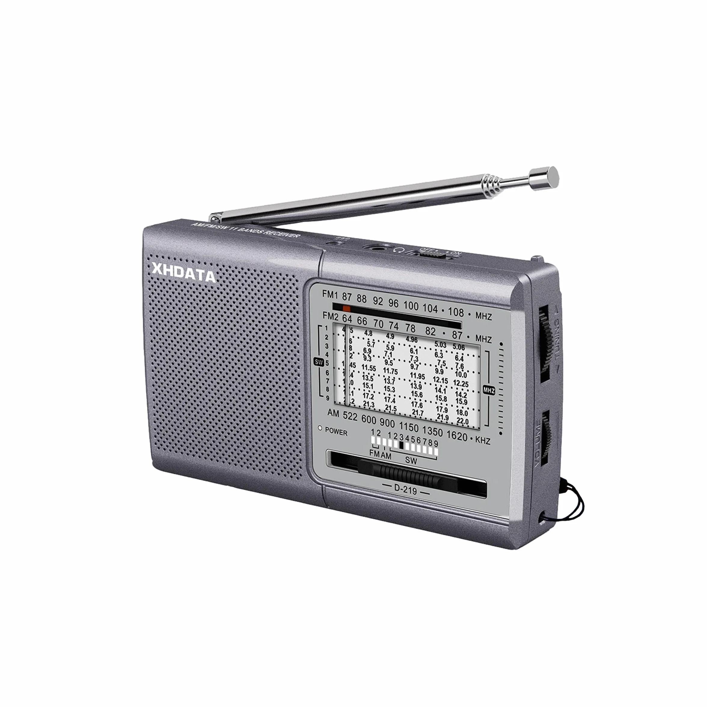 XHDATA D219 radio kieszonkowe, przenośne radio tranzystorowe AM FM SW, szare
