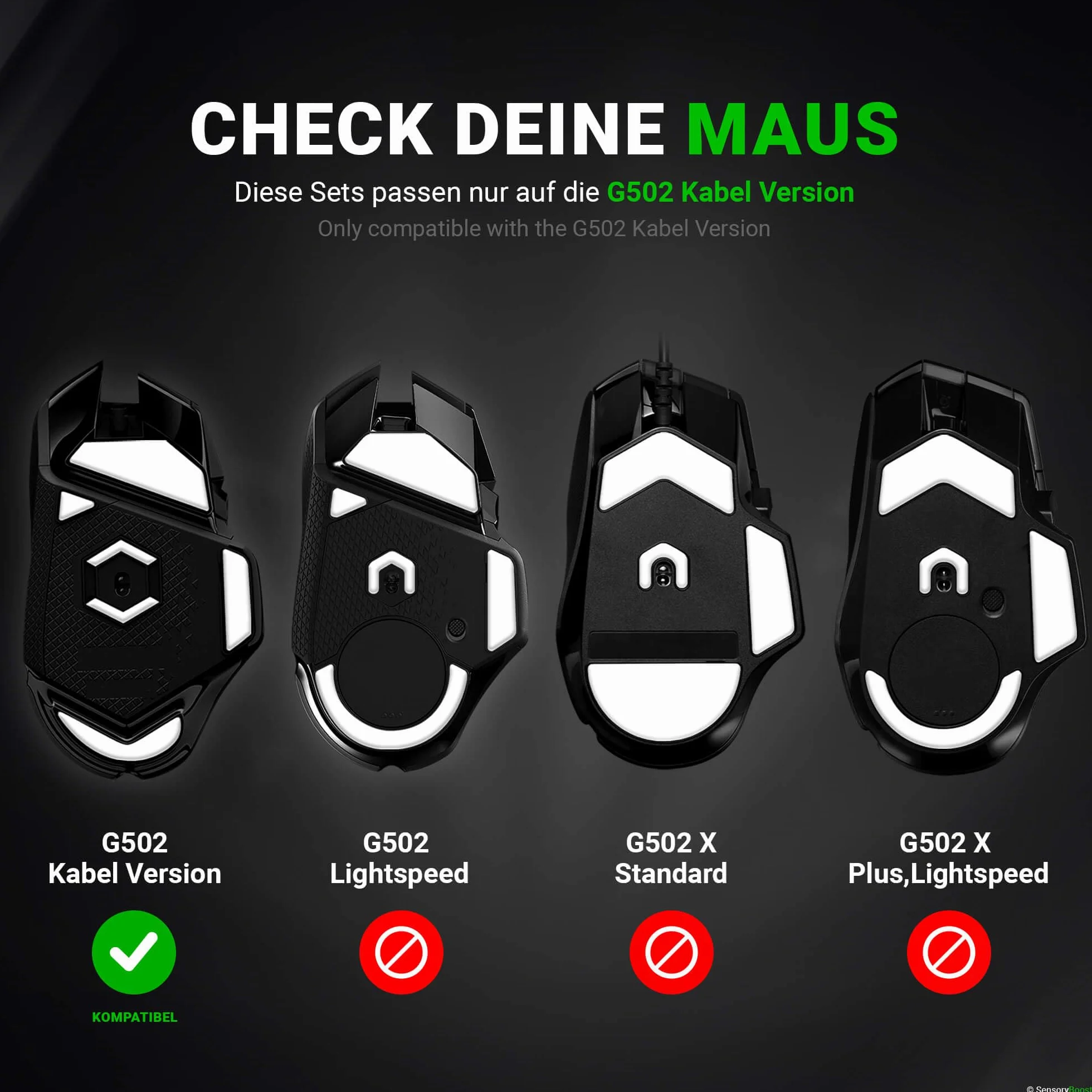 SensoryBoost Rush Glas Glides zestaw kompatybilny z Logitech G502 (wersja kablowa) – ultra szybki i delikatny, polerowany, zaokrąglony, wytrzymały – zapasowe nóżki pod mysz, łyżworolki (nie do