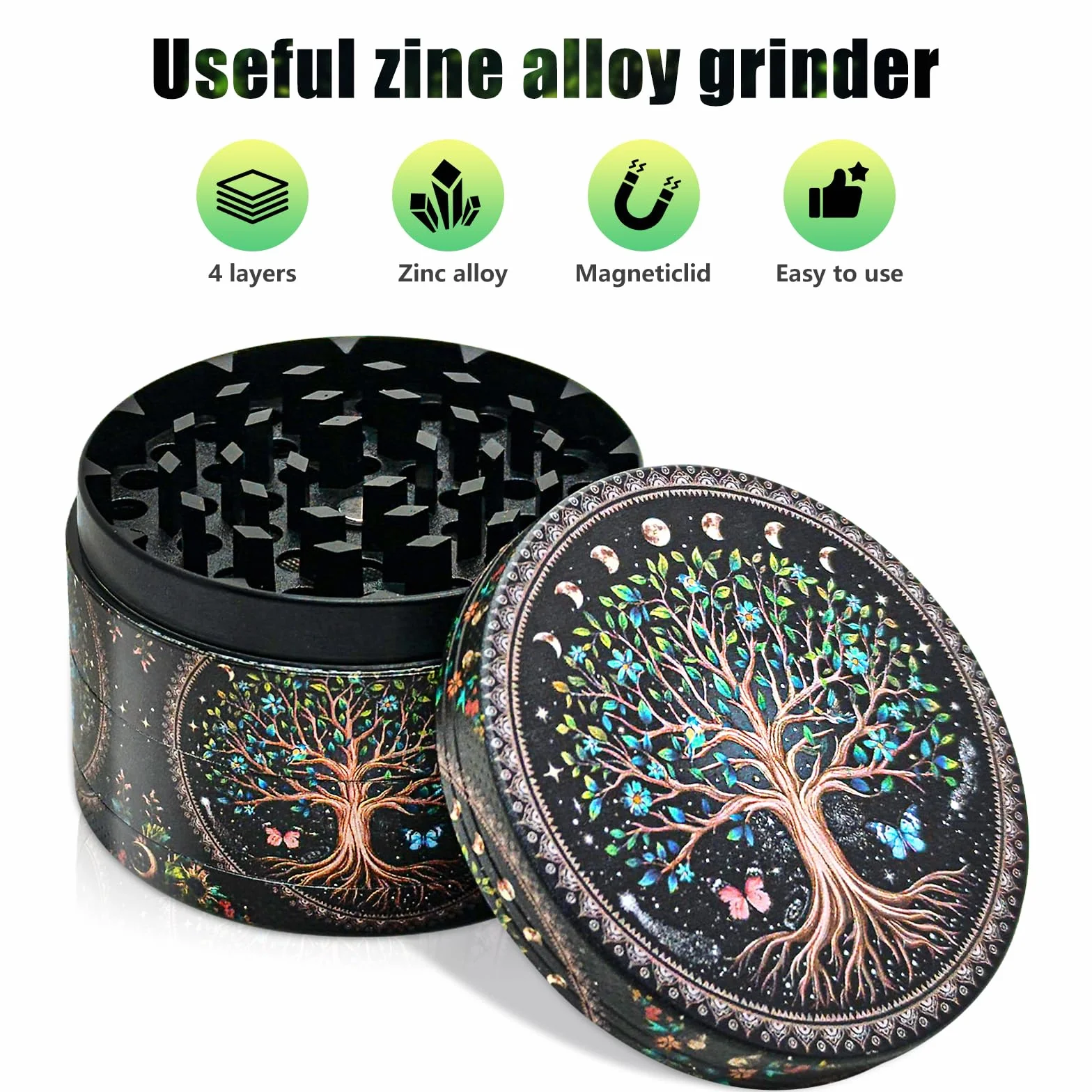 Młynek do przypraw o średnicy 63 mm, ze skrobakiem i plastikową szczotką, 4-warstwowy wzór drzewa, młynek do pyłków, metal, 4-częściowy zestaw do przypraw