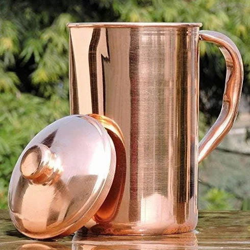 Ręcznie robiona dzban na wodę z czystej miedzi z pokrywką, dzbanek do przechowywania wody do domu, biura i podróży - opakowanie 1 dzban z miedzi (1500 ml)