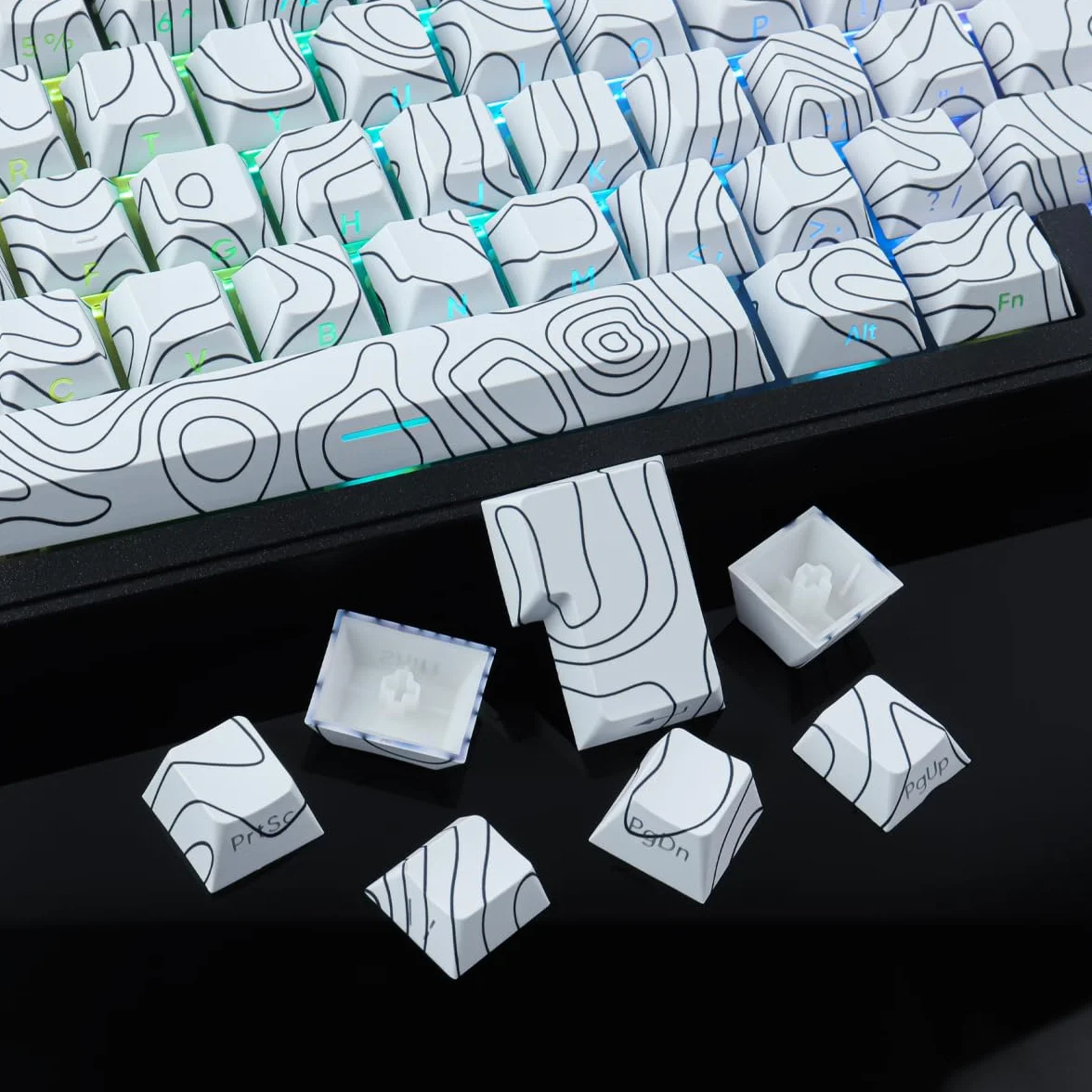 Sunzit Custom Keycaps zestaw 135 klawiszy PBT, Cherry Profile Dye-Sub White Topographic Keycaps do Cherry MX Switches ISO/ANSI UK, mechaniczna klawiatura gamingowa