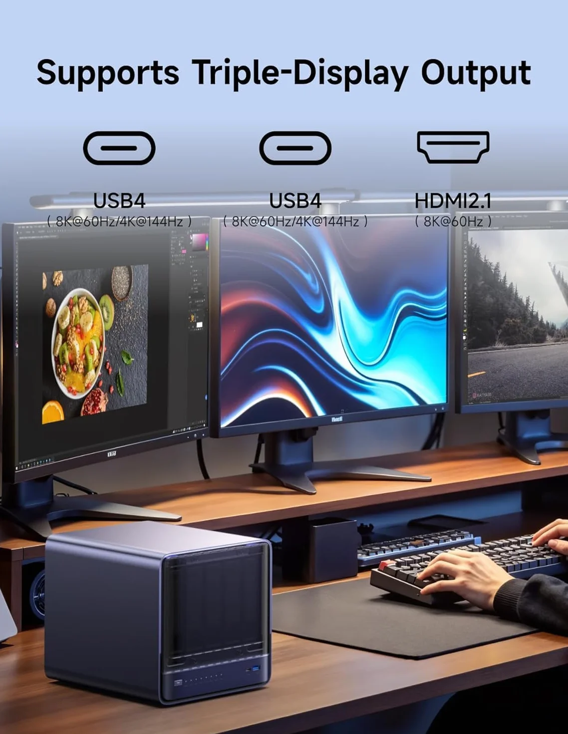 MINISFORUM N5 Air 5-Bay Desktop NAS, AMD Ryzen 7 255, procesor 8C/16T, Radeon 780M, 64GB SSD, 3 × M.2 NVMe, 10 GbE + 5 GbE, porty OCuLink i USB4, gniazdo rozszerzeń PCIe x16 (bez HDD)