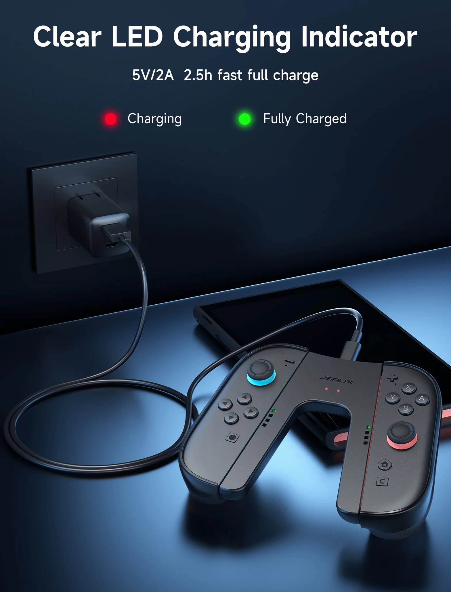 JSAUX ergonomiczny uchwyt ładujący kompatybilny z konsolą Nintendo Switch 2, magnetyczny uchwyt kompatybilny z kontrolerami JoyCon Switch 2, granie ładowania, wskaźnik LED, kabel 1,5 m/4,9 ft – czarny