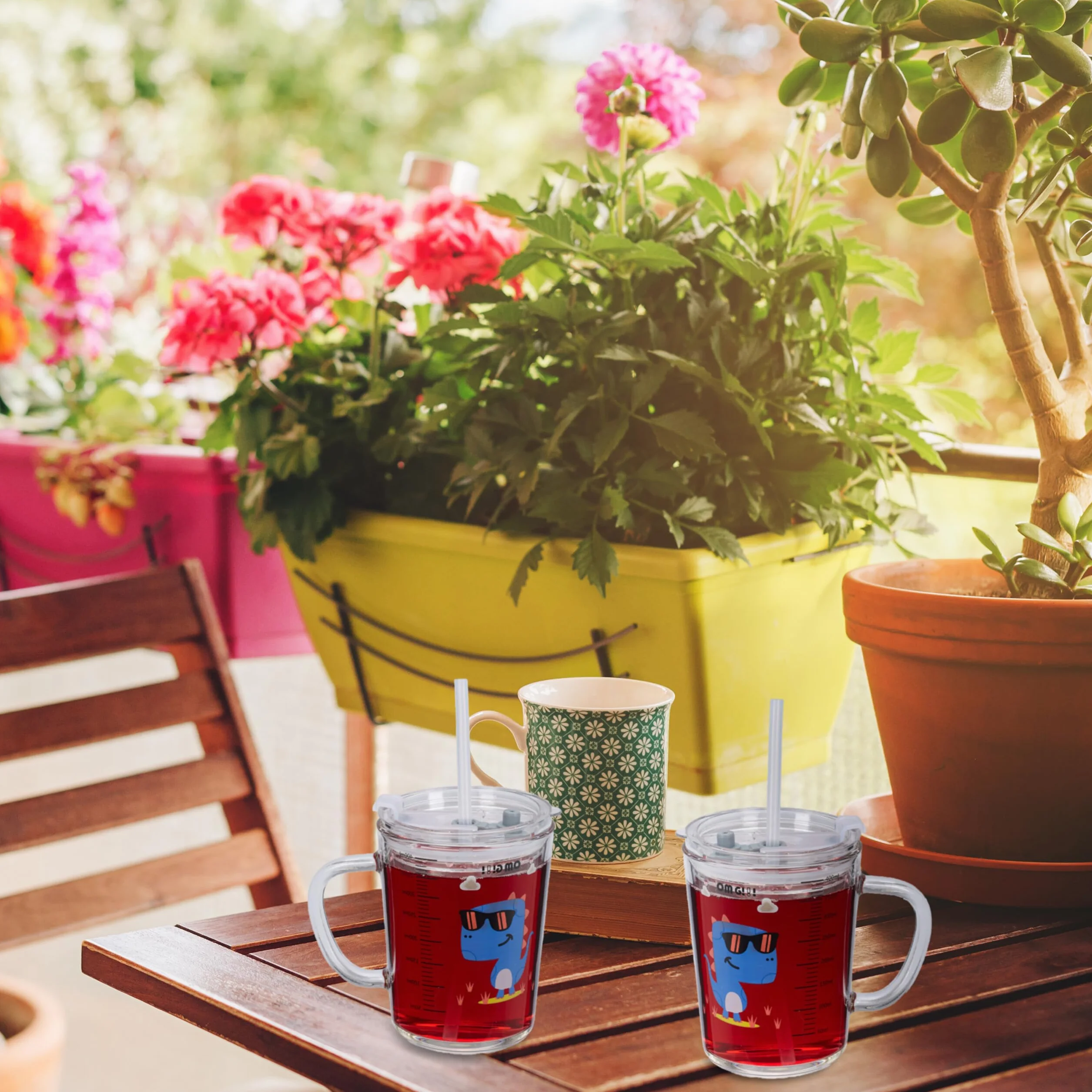 Relaxdays Zestaw 2 szklanek dla dzieci, motyw dinozaura, szklanka do picia dla dzieci, z uchwytem, pokrywką i słomką, skala 400 ml, przezroczyste
