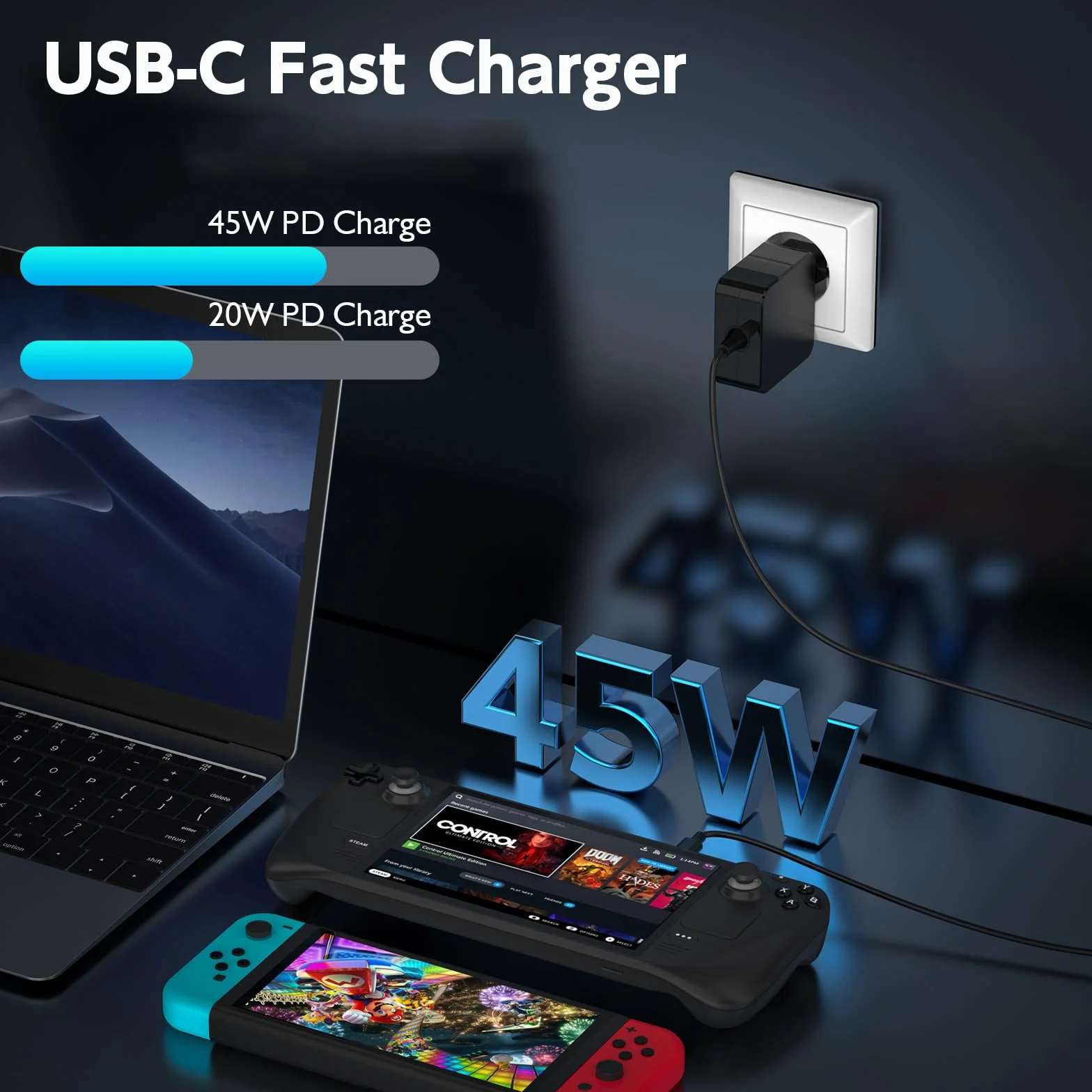 Ładowarka 45 W kompatybilna z Nintendo Switch Steam Deck/Lite/OLED, szybka ładowarka USB C 20 V/2,25 A, kabel ładujący 15 V/3 A do telefonów komórkowych typu C