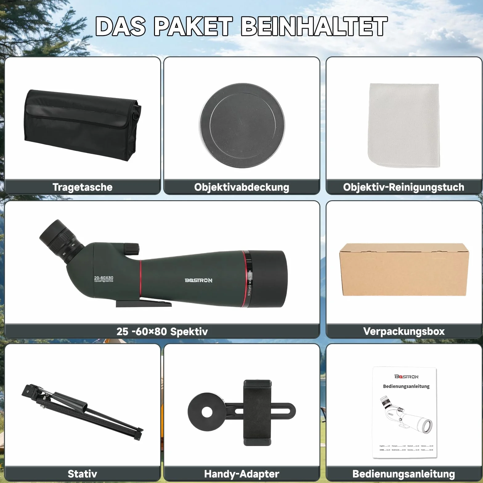 Luneta Obserwacyjna 20-60x80, Monokular z Pryzmatem Porro, FMC, Statyw, Adapter do Smartfona, 45° Okular, do Obserwacji Ptaków i Polowań