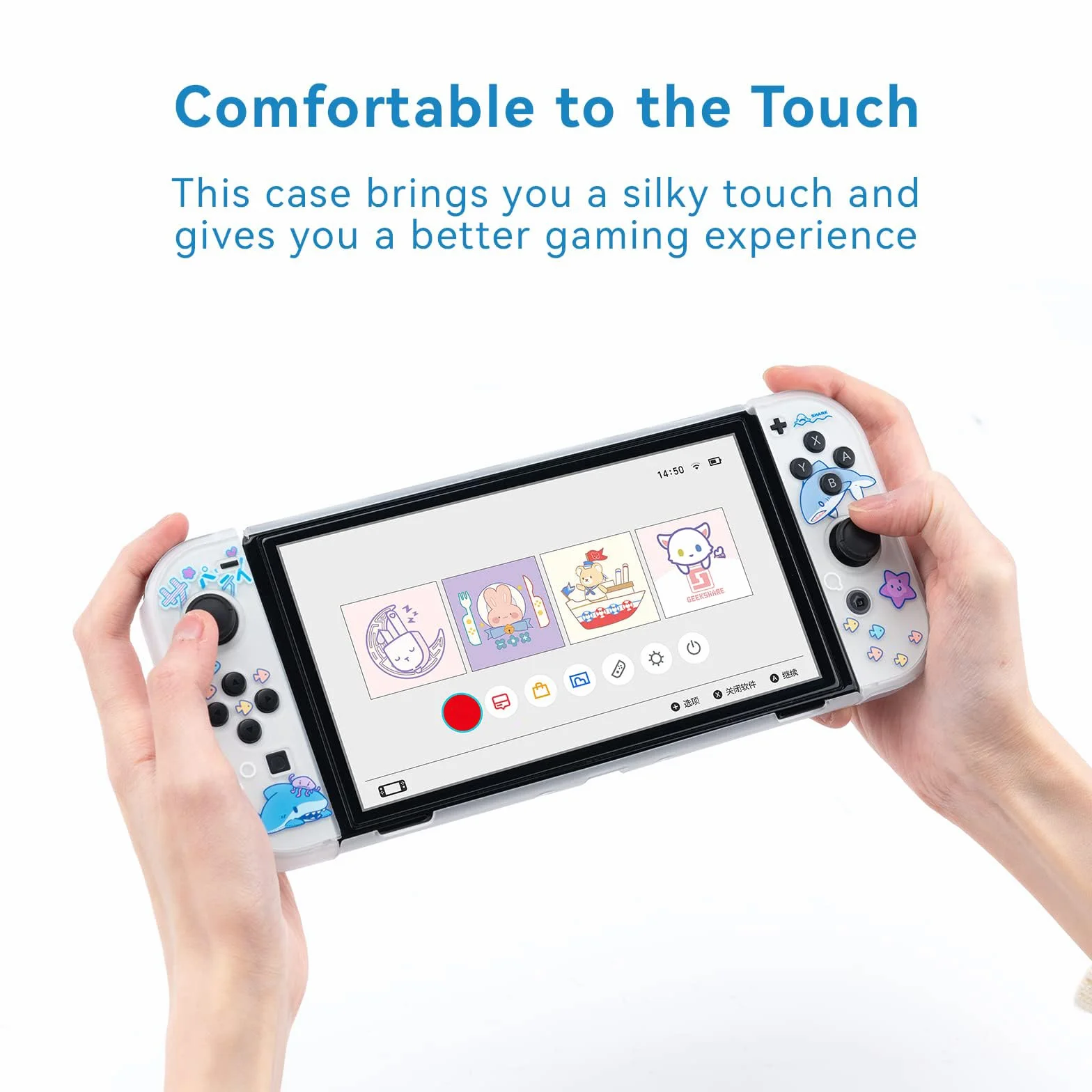 Etui ochronne GeekShare Slim Cover Case kompatybilne z konsolą Switch OLED, amortyzującą i odporną na zarysowania skórką ochronną na Switch OLED 2021 - Shark Party (przezroczysta)