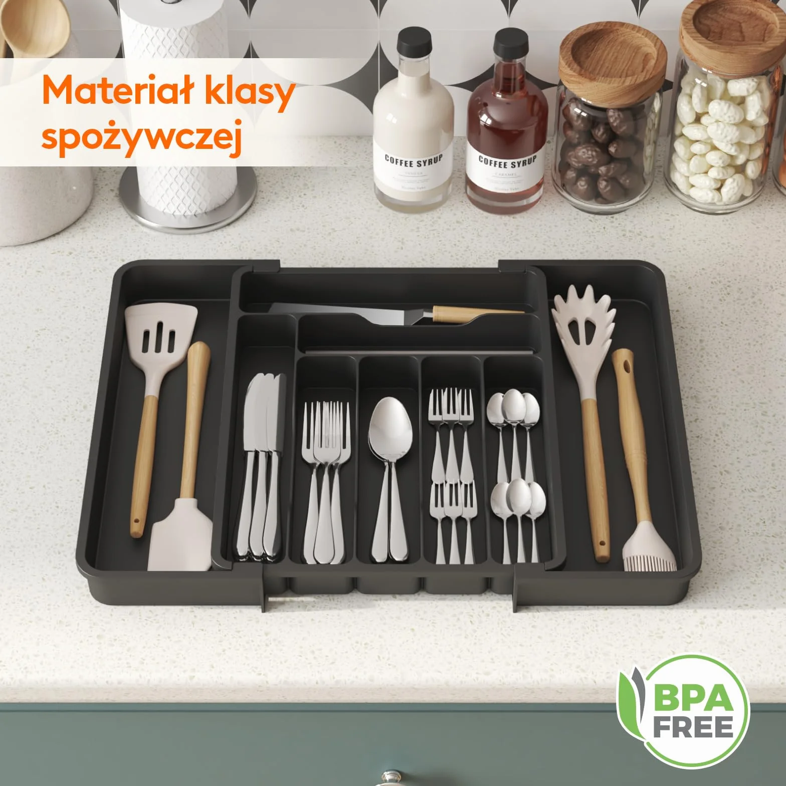 Lifewit Organizer do Szuflady na Sztućce, Wkład do Szuflady, Regulowany Organizer na Przybory Kuchenne, Plastikowy Taca na Sztućce, Szerokość 30-49,8cm, Głębokość 38cm, Czarny