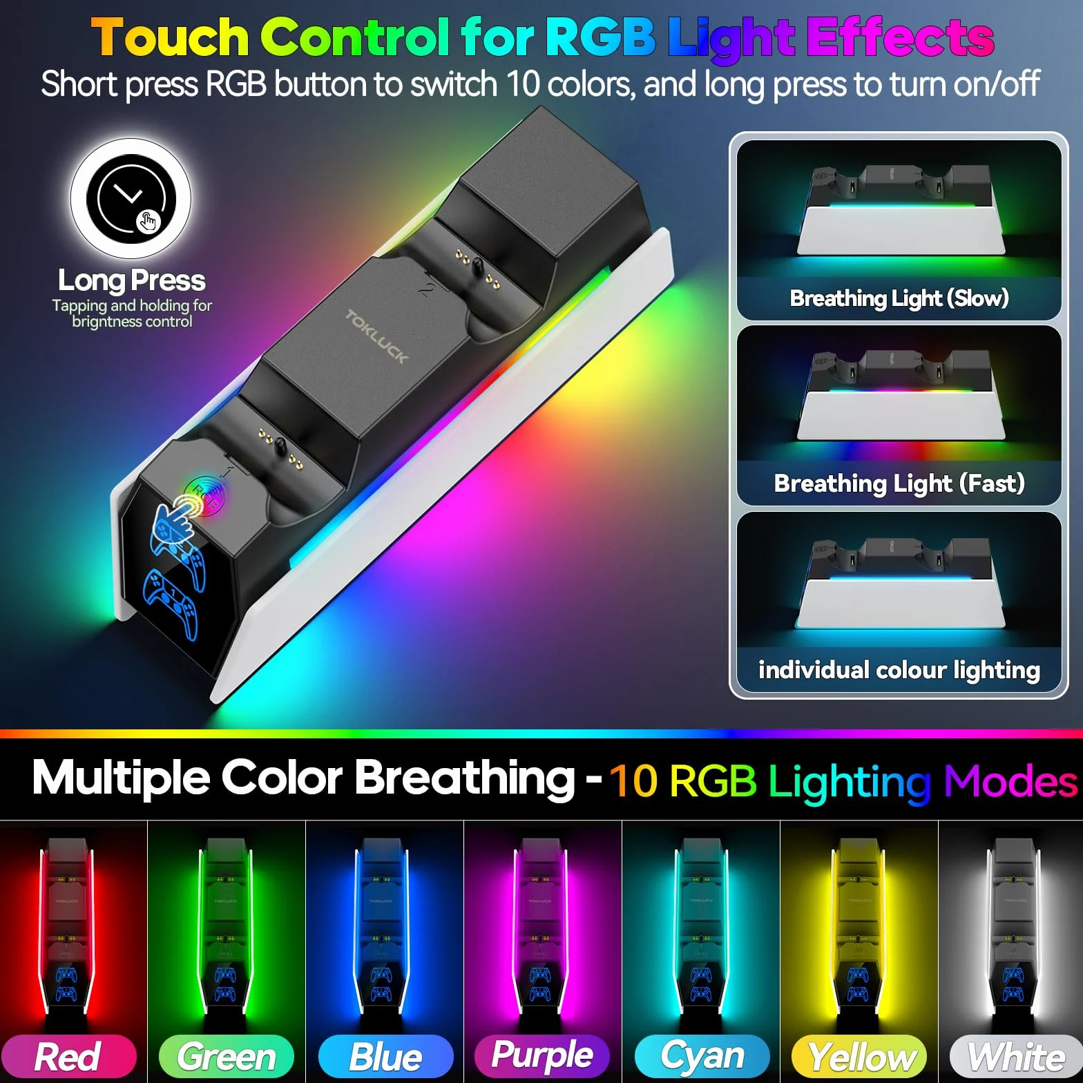 Tokluck Stacja ładująca do kontrolera PS5, kompatybilna z Playstation 5 Edge i podwójnym kontrolerem, stacja ładująca do gier z kablem, ochraniacz PlayStation Stacja dokująca ze wskaźnikami LED, biała