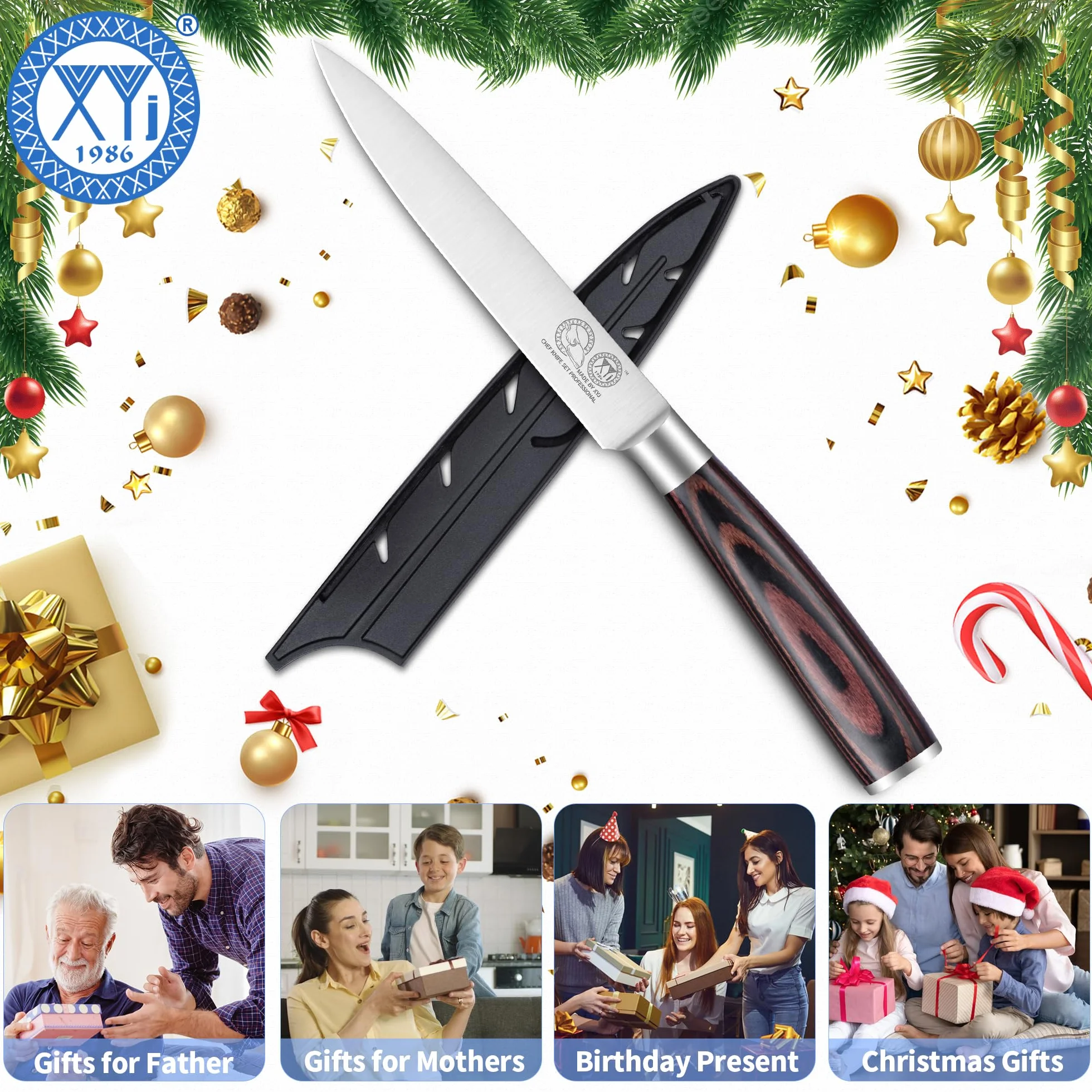 XYJ Authentic Since 1986,5 Inch Kitchen Knife, Stainless Steel Japanese Utility Knife, Meat Cleaver for Meat Cutting,Pakka Wood Handle,Plastic Edge Guard Protector,Chefs Knife