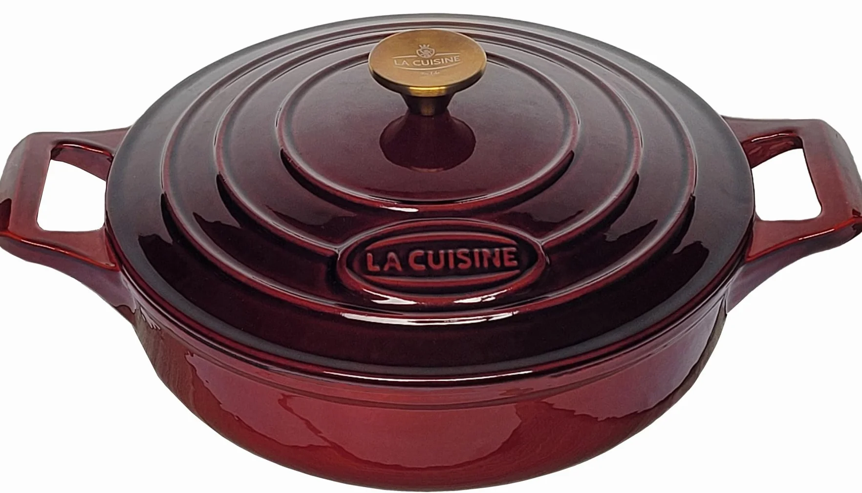 La Cuisine Żeliwna patelnia 28 cm 3,5 l emaliowana żurawinowa pozłacany uchwyt pokrywka ze stali nierdzewnej do piekarnika