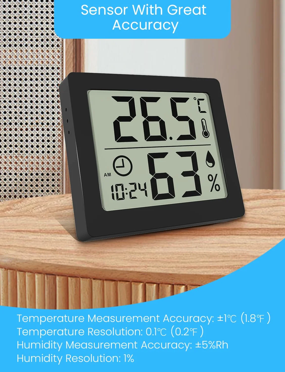 Termometr pokojowy z higrometrem wewnętrznym, higrometr, duży wyświetlacz LCD 3,2", termometr biurkowy z zegarem (czarny)