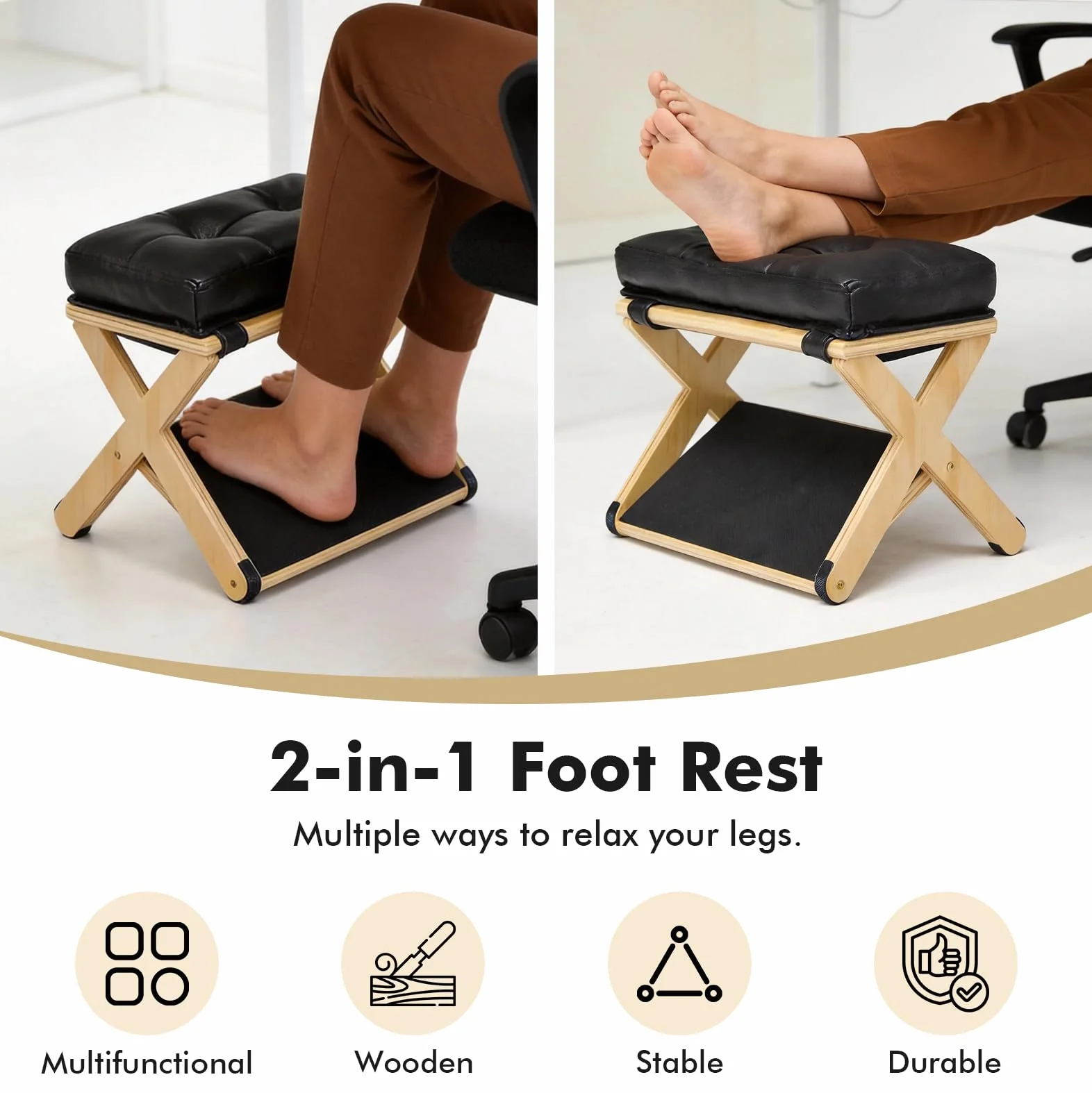 Podnóżek 2 w 1, podnóżek z regulacją wysokości, ergonomiczny podnóżek z drewna z miękkim, antypoślizgowym podnóżkiem do biura, samochodu, podnóżek, krzesło do Vanity