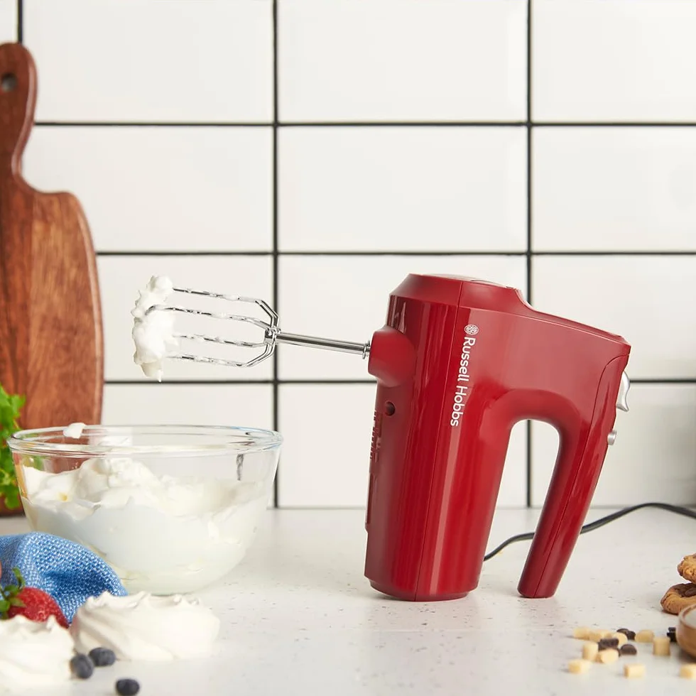 Russell Hobbs Mikser ręczny [Blender ręczny] Desire Red (5 Prędkości + Funkcja pulsacyjna, 2 Chromowane trzepaczki i haki do ciasta, Możliwość mycia w zmywarce, duża moc 350W) 27152-56