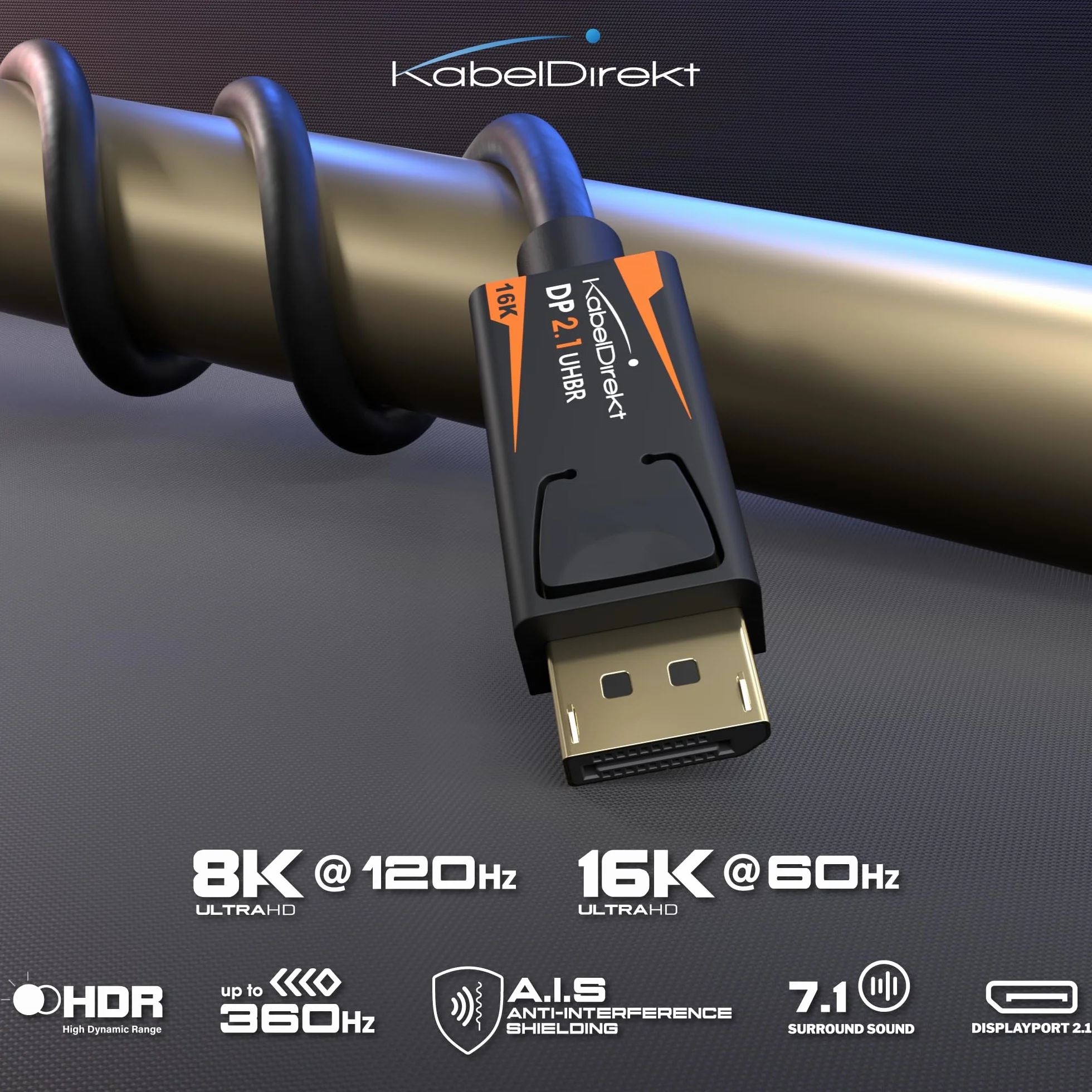 KabelDirekt – Kabel DisplayPort 2.1/DP 2.1 – 1,5m – UHBR, DP80 (80 Gb/s) dla PC Gamingowych/Kart Graficznych z FreeSync/G-Sync, Wysoka Rozdzielczość i Szybkość Klatek: 16K@60Hz, 8K@120Hz, 4K@240Hz