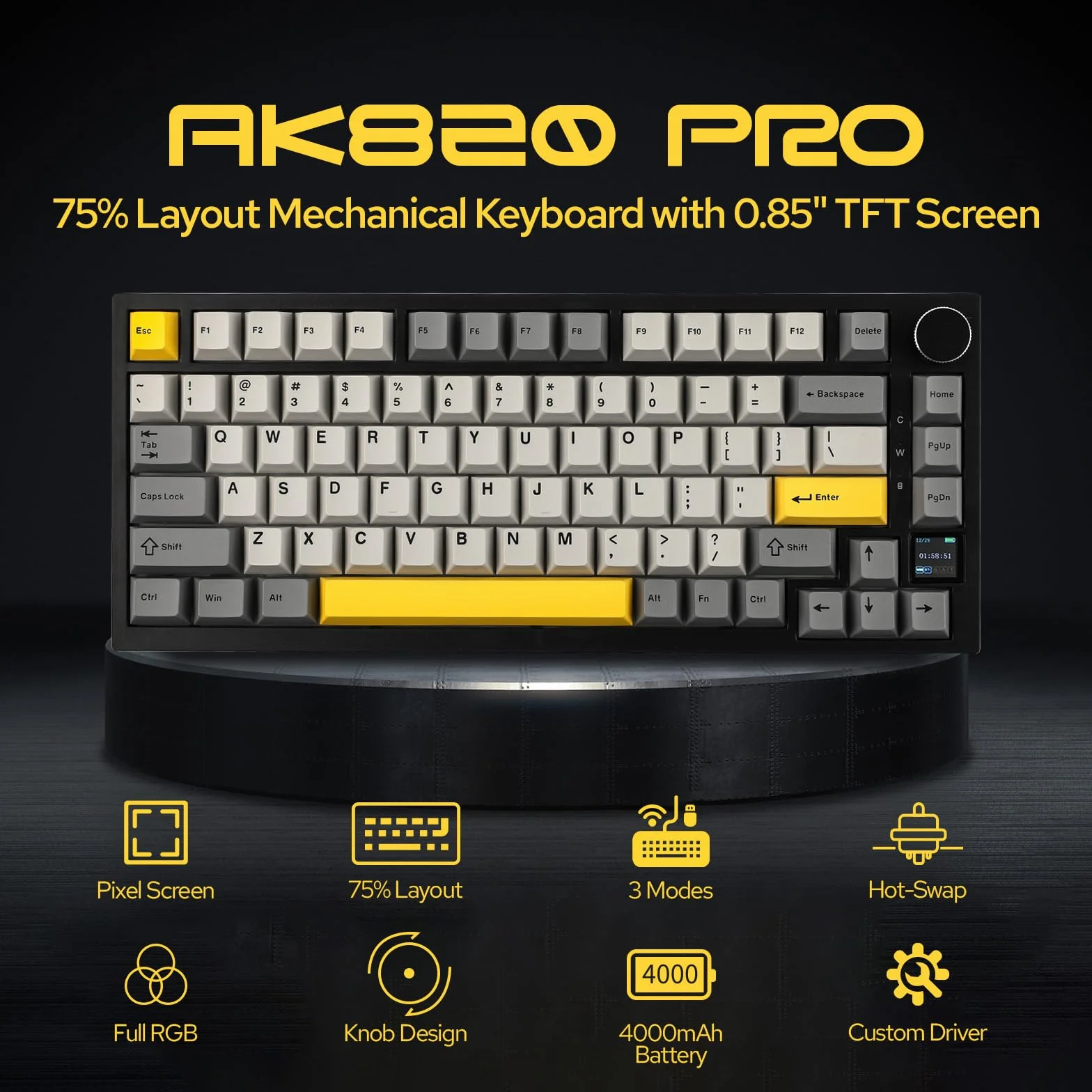 EPOMAKER Ajazz AK820 Pro 75% klawiatura mechaniczna, klawiatura do gier z uszczelką i inteligentnym wyświetlaczem TFT, bezprzewodowa klawiatura Bluetooth 5.1/2.4G / Type-C (szara, przełącznik Ajazz