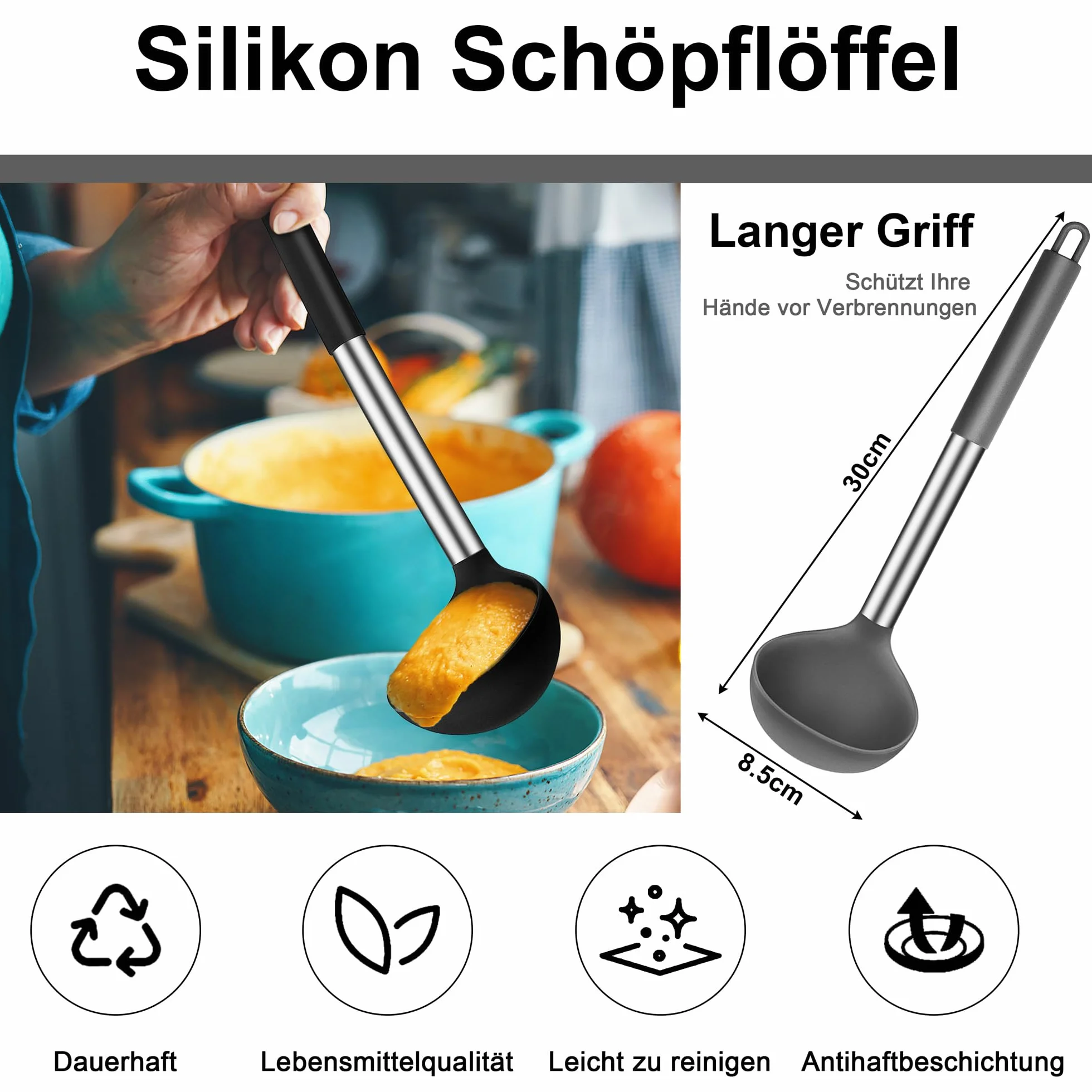 Chochla do zupy, Joyfair 2-częściowy zestaw chochli silikonowych, żaroodporna chochla z uchwytem ze stali nierdzewnej, 30cm duża łyżka do sosów do gotowania/mieszania/serwowania, zdrowa i