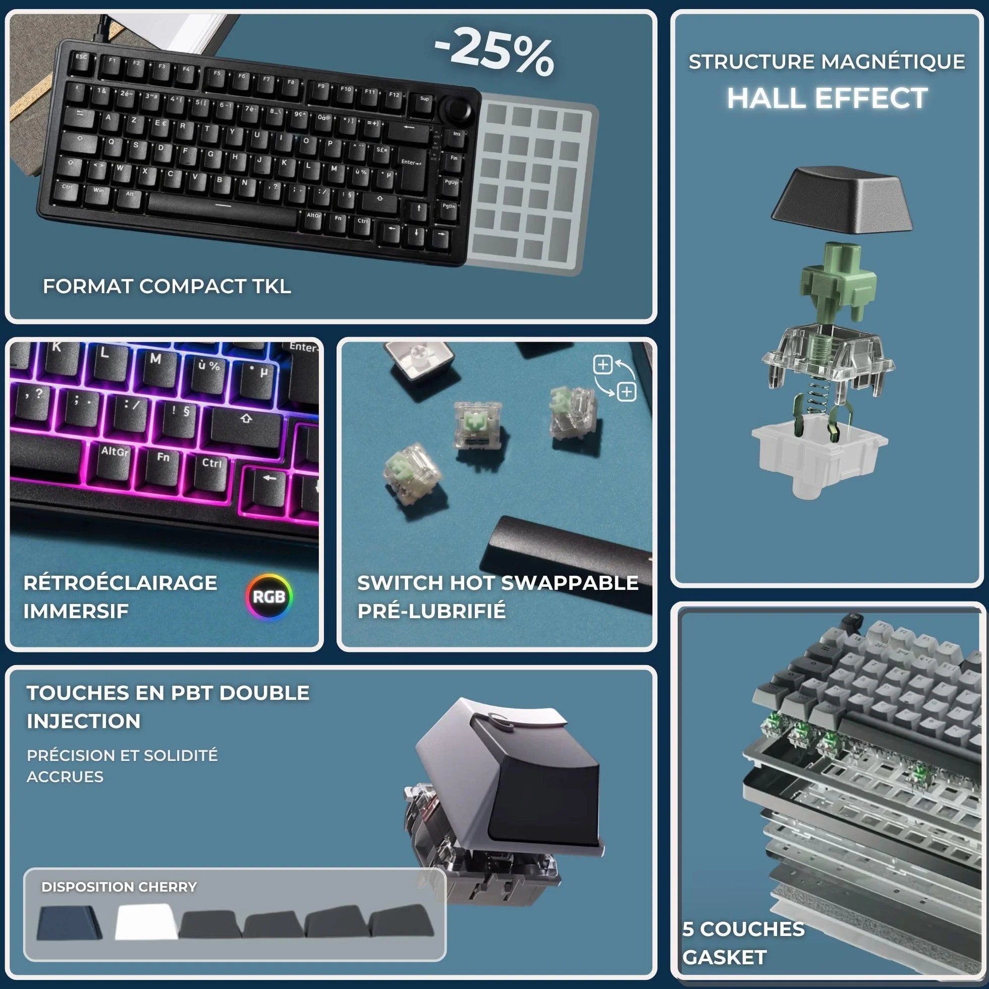 The G-Lab - KEYZ Elite 300 HE Black - Magnetyczna Klawiatura Gamingowa Hall Effect 75% AZERTY FR, Przewodowa USB, 8000Hz Rapid Trigger, Regulowana Aktywacja 0,01mm, PBT Hot-Swap, RGB i Makra - Win/Mac