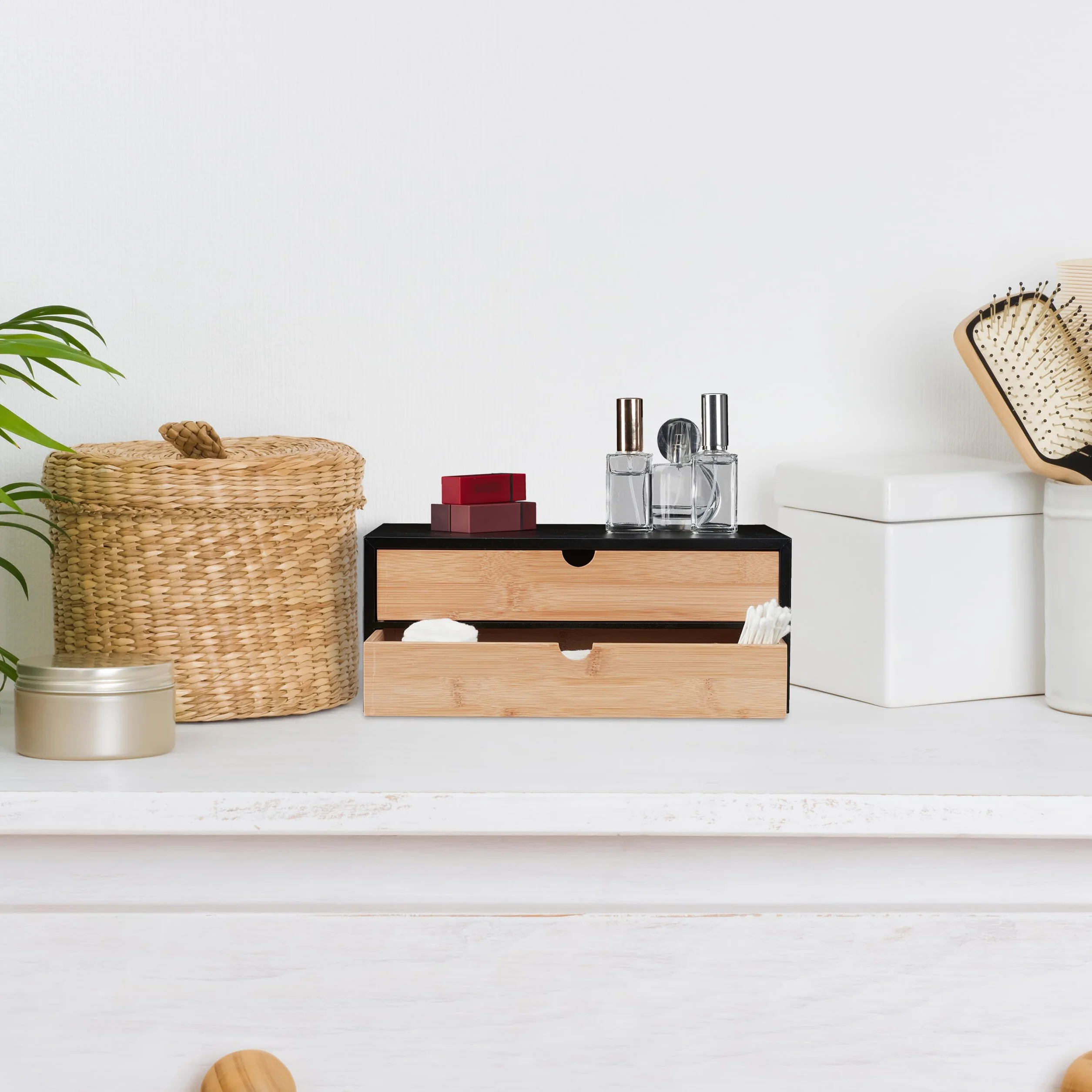 Relaxdays Pudełko z szufladami, bambus i MDF, mini komoda, 2 szuflady, wys. x szer. x gł.: 14 x 33 x 21 cm, organizer na biurko, czarny/naturalny